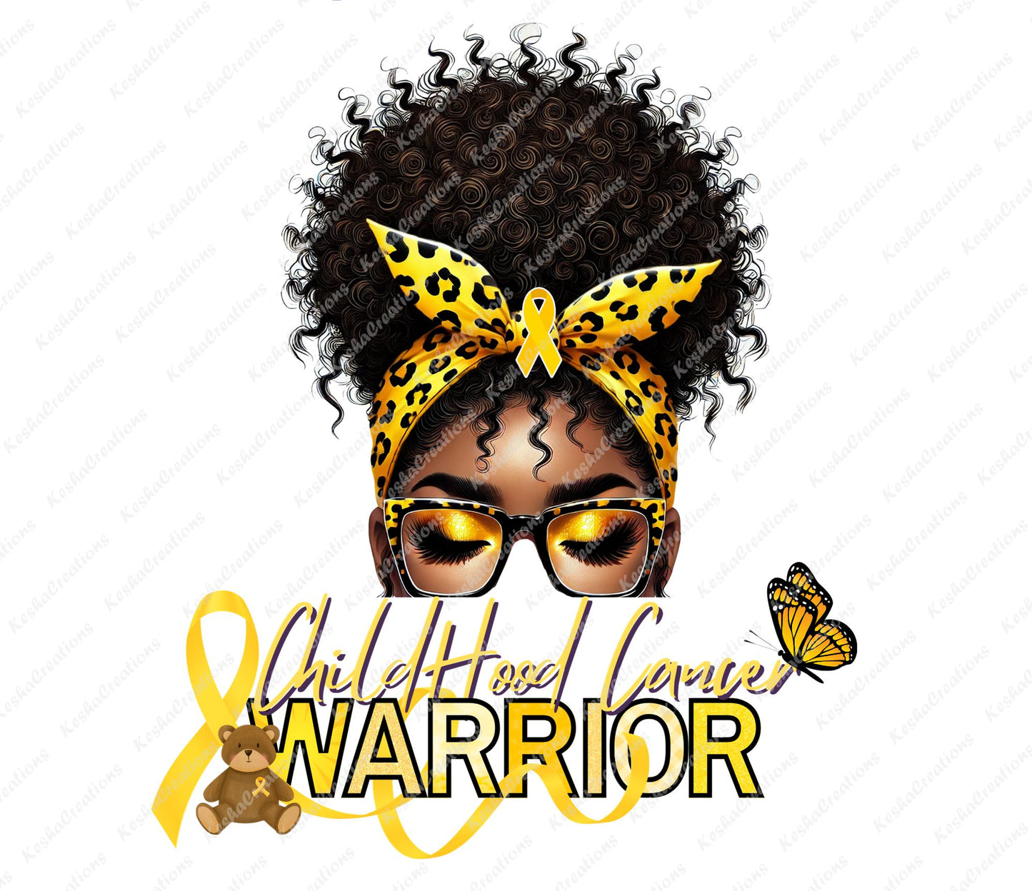 Illustration of a woman with dark skin, wearing a yellow leopard-print headwrap and glasses, with a yellow childhood cancer awareness ribbon. The design includes a teddy bear and butterfly, along with the words "Childhood Cancer Warrior" in yellow tones.
