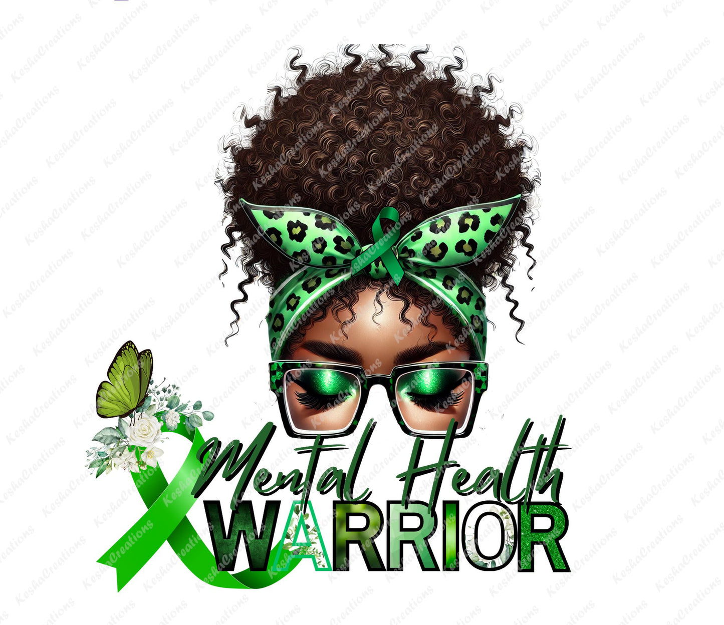 Illustration of an African American woman wearing green glasses and a headband with green leopard print, alongside a green awareness ribbon. The design is labeled "Mental Health Warrior" with bright green details.