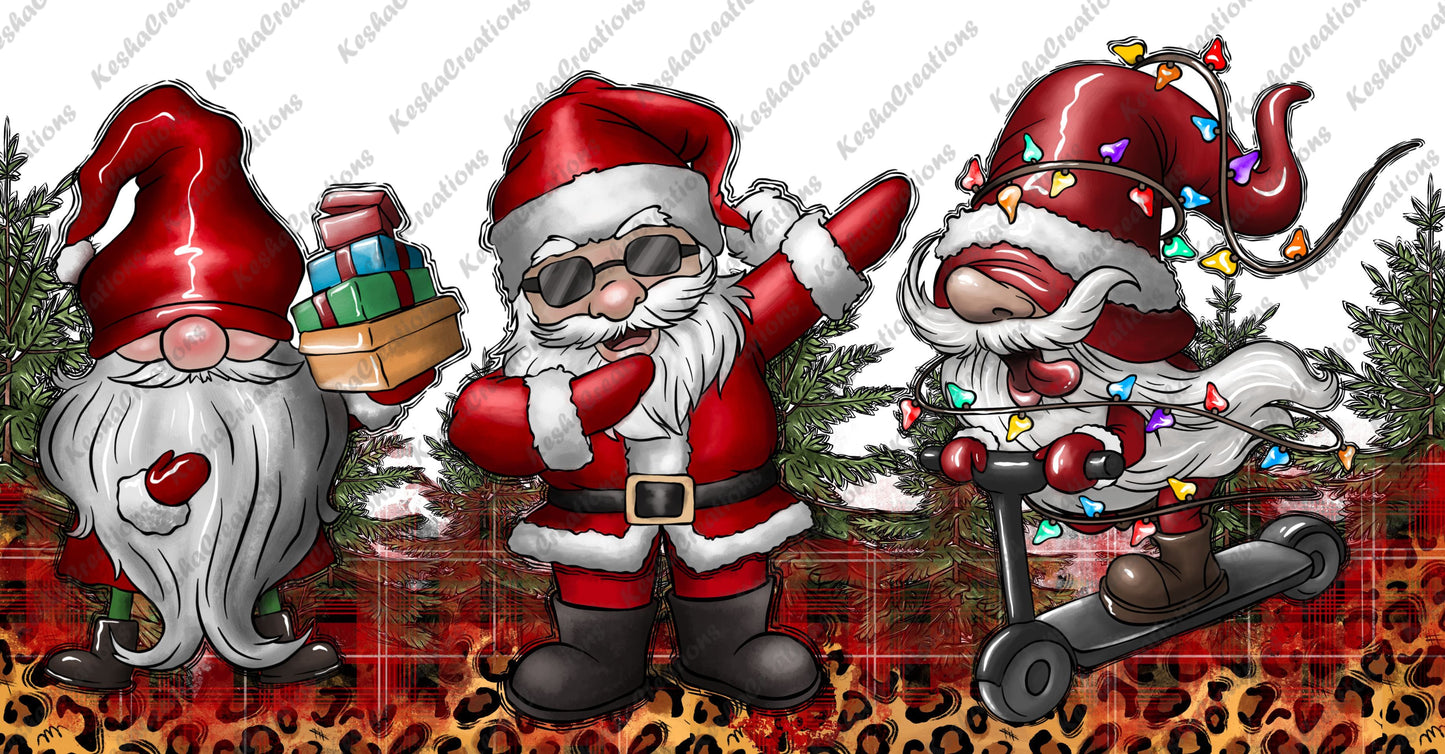 Three adorable Christmas gnomes with festive accessories, each showcasing a playful holiday spirit.