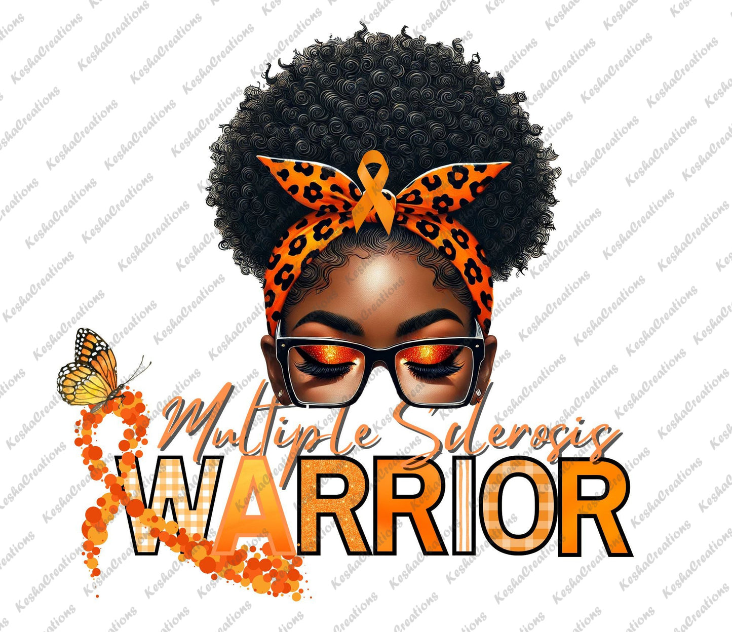 Illustration of an African American woman wearing orange glasses and a headband with orange leopard print, along with an orange awareness ribbon. The text reads "Multiple Sclerosis Warrior," representing MS Awareness with orange accents.