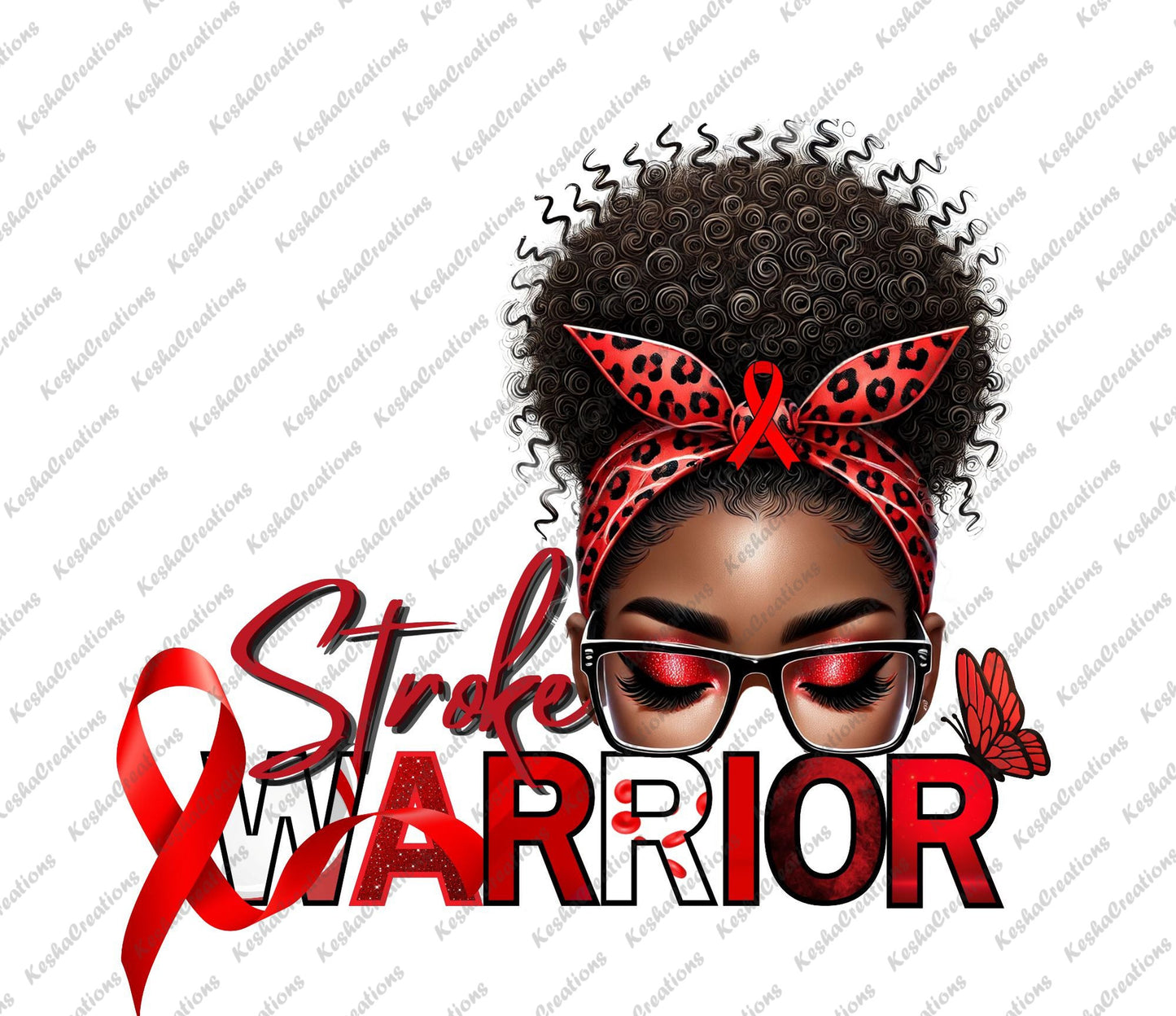 Illustration of an African American woman with red glasses and a headband featuring red leopard print, with a red awareness ribbon. The design is titled "Stroke Warrior," symbolizing Stroke Awareness with red details.