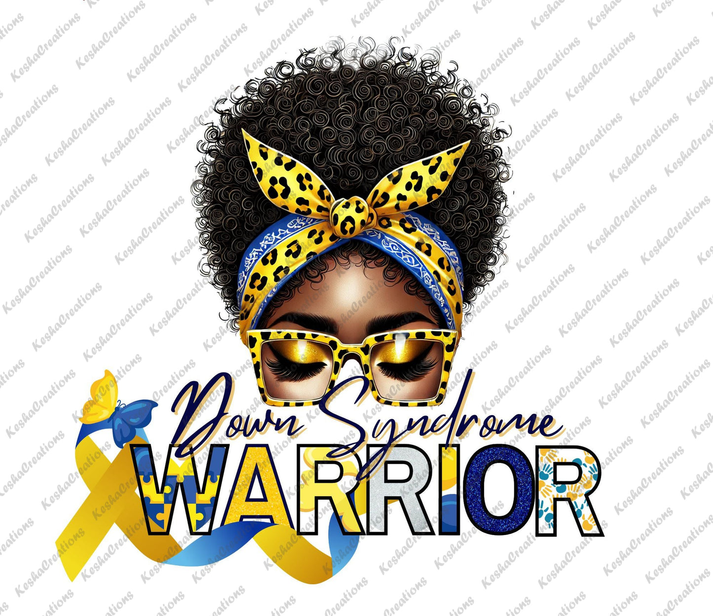 Illustration of an African American woman with yellow glasses and a headband featuring yellow and blue leopard print. The design includes a yellow and blue awareness ribbon and the text "Down Syndrome Warrior," symbolizing Down Syndrome Awareness.