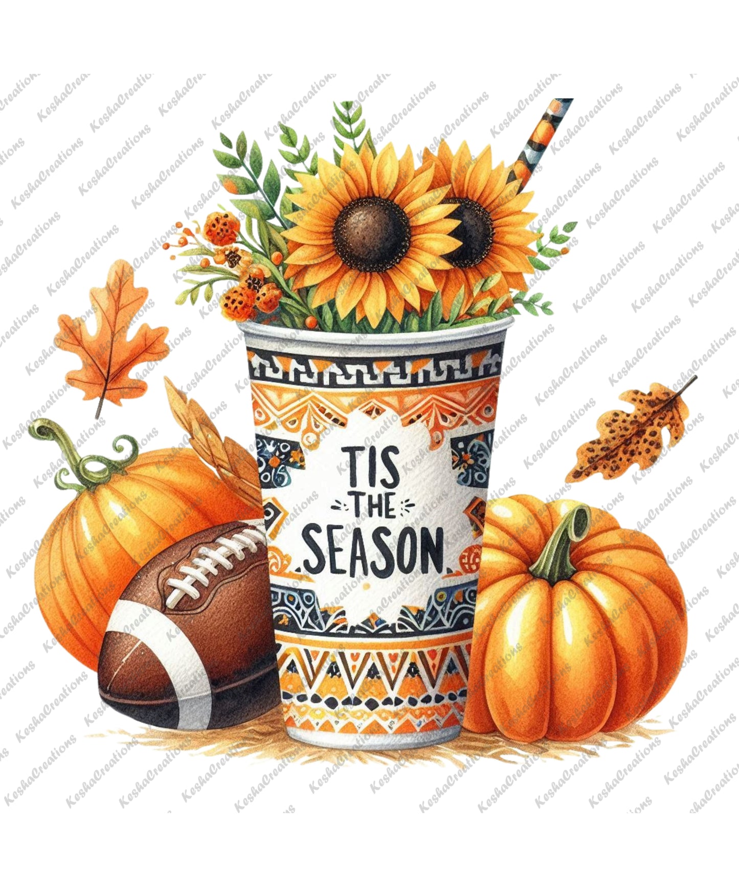 A sunflower-themed fall cup surrounded by pumpkins, leaves, and a football, with the text "Tis the Season" in a decorative font.