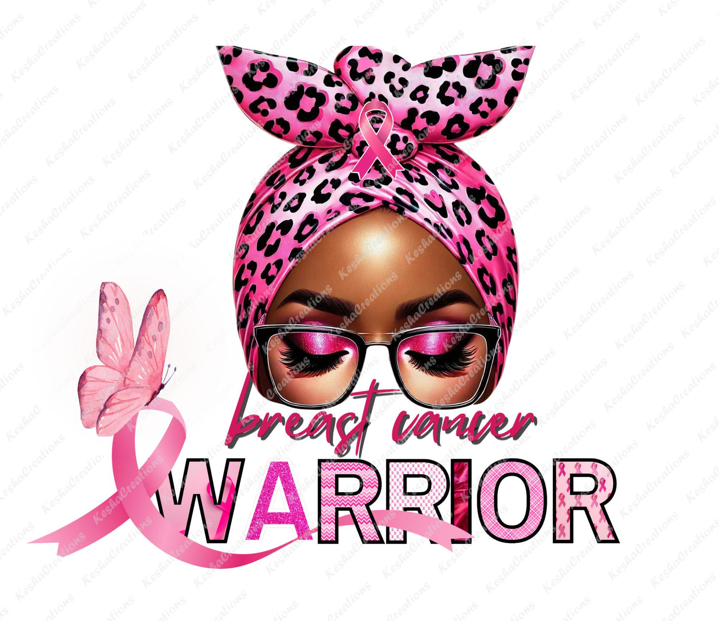 Illustration of a woman with dark skin, wearing a pink leopard-print headwrap and glasses. The headwrap features a pink breast cancer ribbon. Text reads "Breast Cancer Warrior" in pink, with a pink butterfly and ribbon accenting the design.