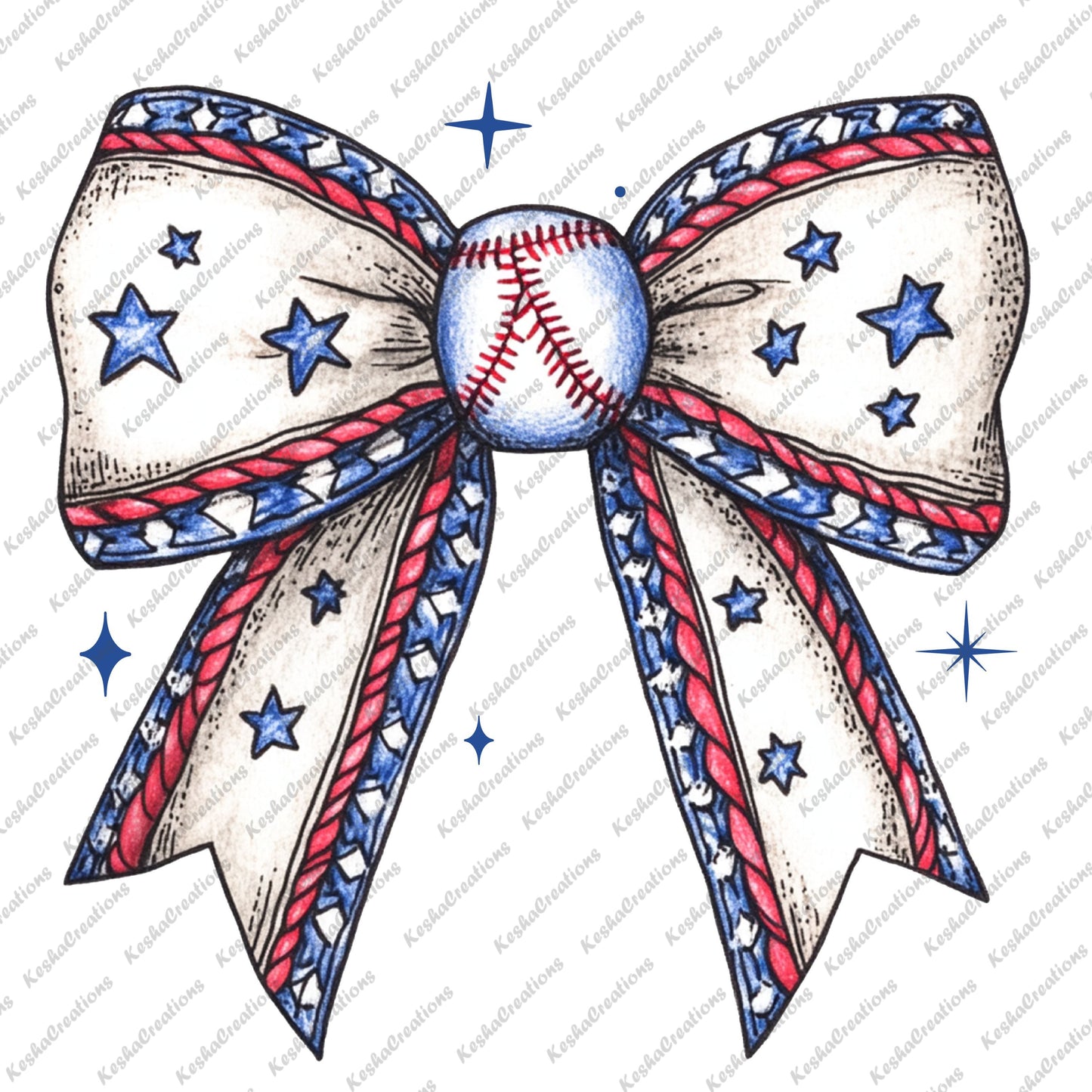 A patriotic DTF transfer featuring a white bow with red and blue stars and baseball stitching, perfect for celebrating baseball season.