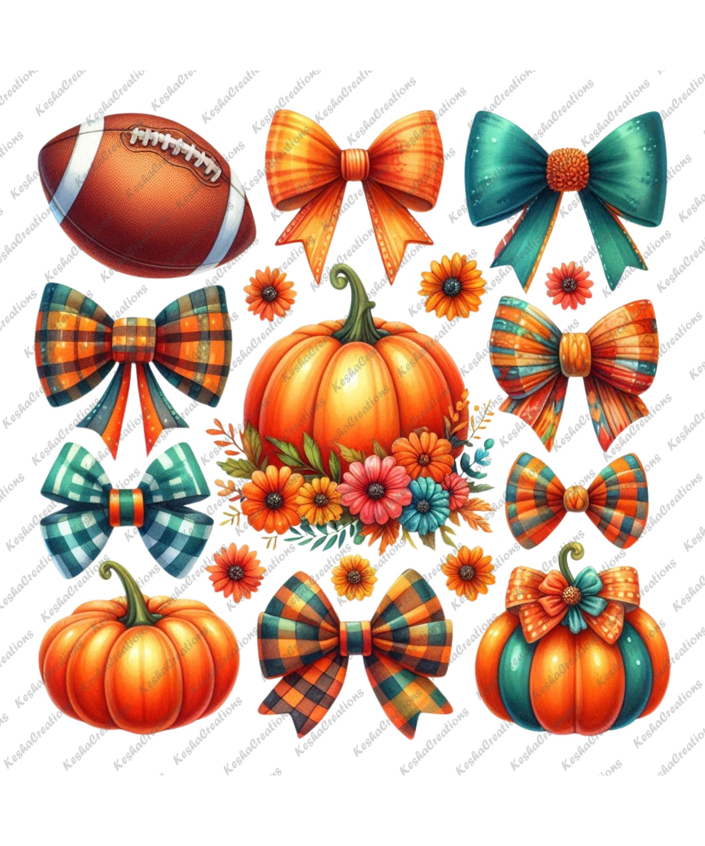 A colorful set of fall-themed DTF transfers showcasing a mix of pumpkins, footballs, and various bow designs in plaid and solid colors, along with bright floral accents for a vibrant autumn collection.
