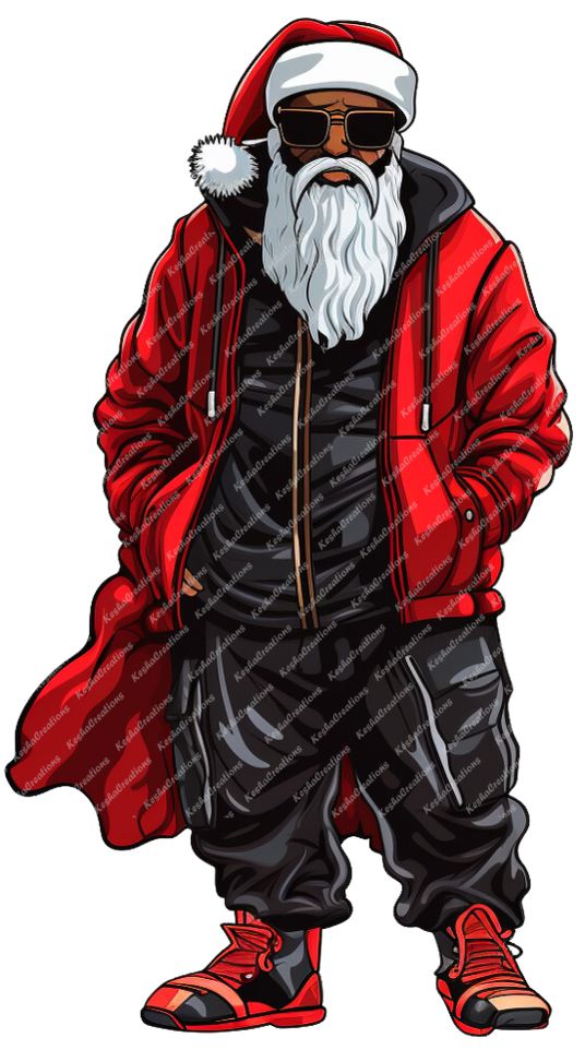 A stylish Santa wearing a red jacket, sunglasses, and sneakers, giving a cool and modern twist to the classic holiday figure.
