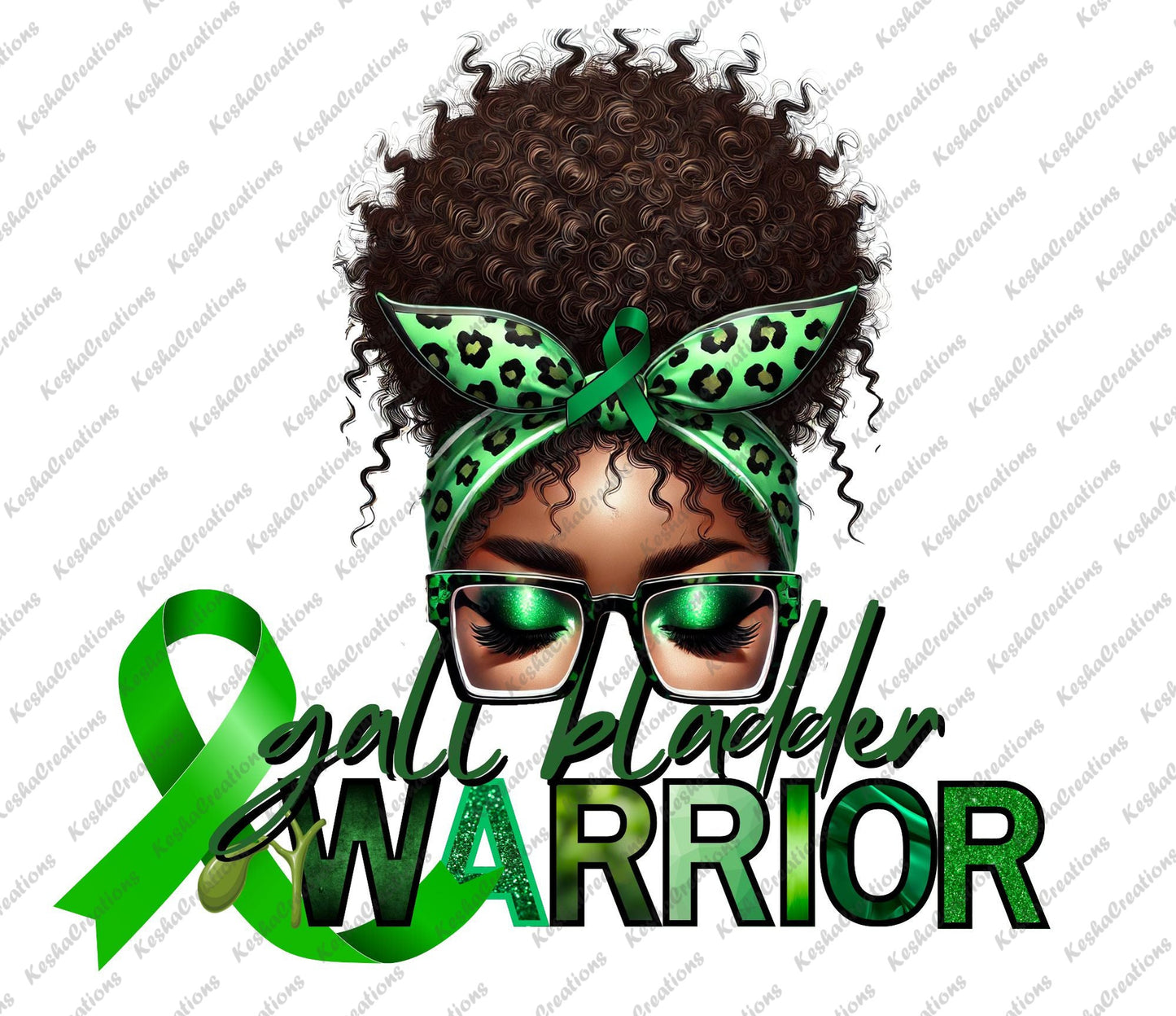 Illustration of an African American woman with green glasses and a headband with green leopard print, along with a green awareness ribbon. The design is labeled "Gall Bladder Warrior," representing Gall Bladder Awareness with green tones.