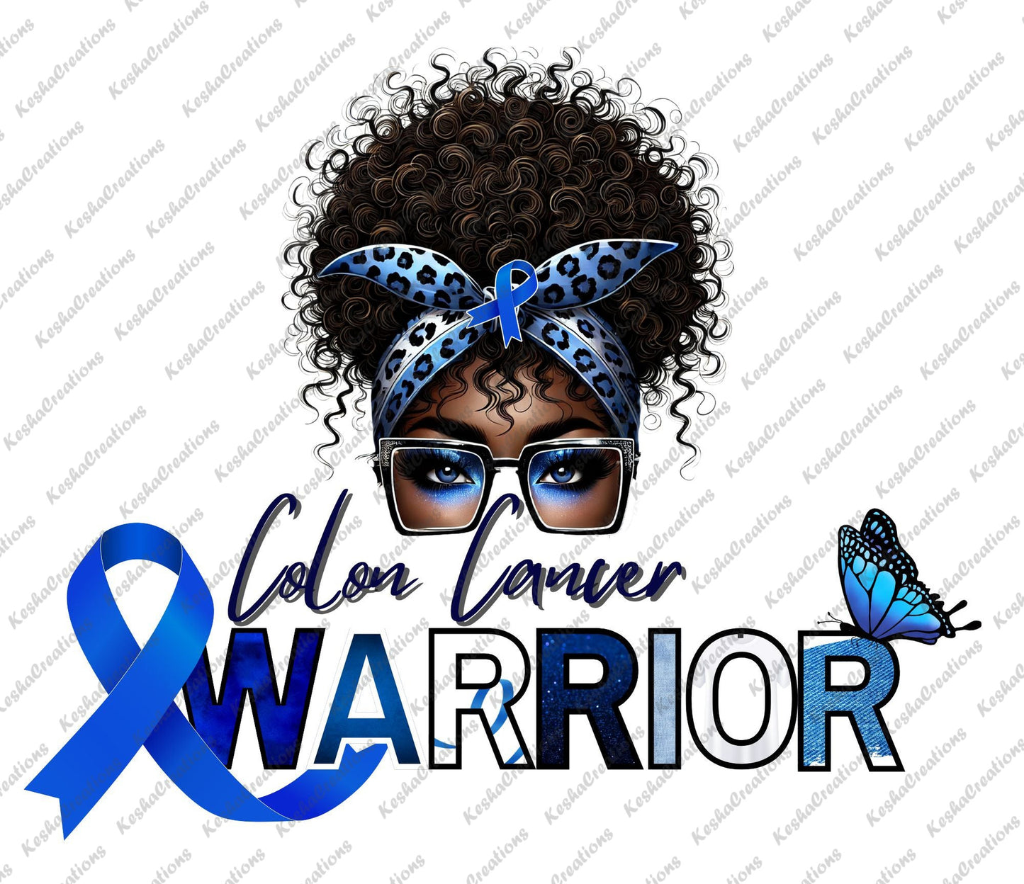 Illustration of an African American woman wearing blue glasses and a leopard-print headband with a blue awareness ribbon. The design features the text "Colon Cancer Warrior" with a blue butterfly and awareness ribbon.