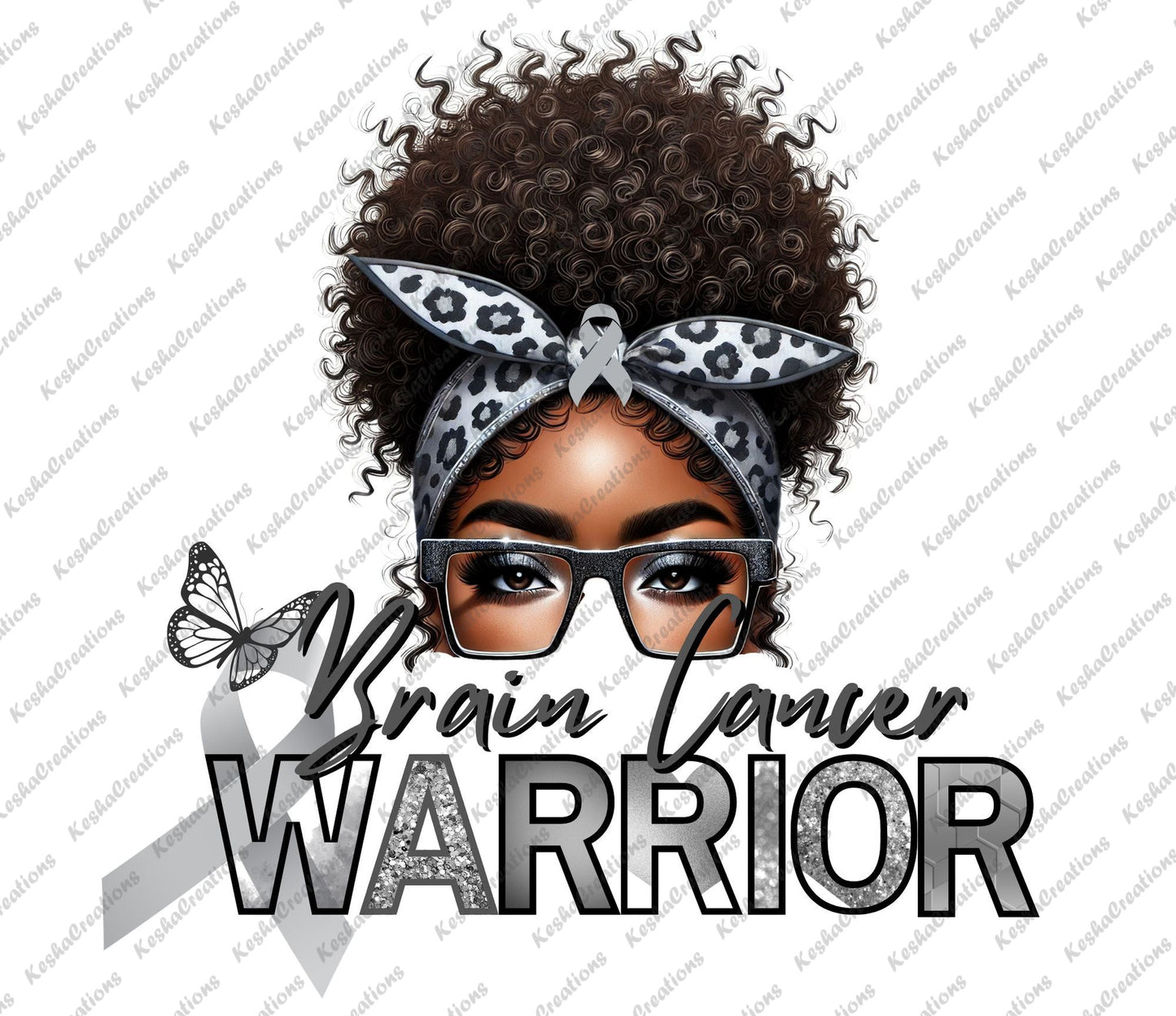 Illustration of an African American woman with gray glasses and a gray leopard-print headband, featuring a gray awareness ribbon. The design includes the text "Brain Cancer Warrior" with gray accents and a butterfly symbol.