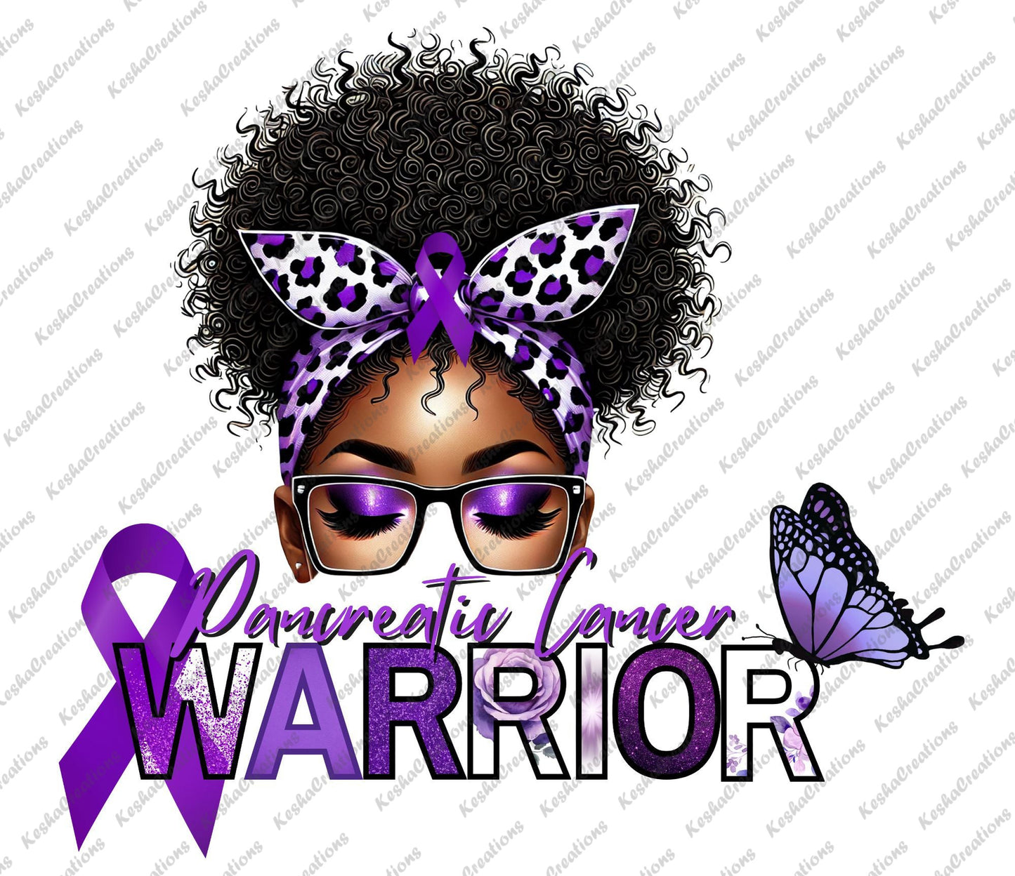 Illustration of an African American woman with purple eyeshadow, glasses, and a purple leopard-print headband with a purple awareness ribbon. The text "Pancreatic Cancer Warrior" is displayed alongside a butterfly and ribbon, symbolizing awareness.