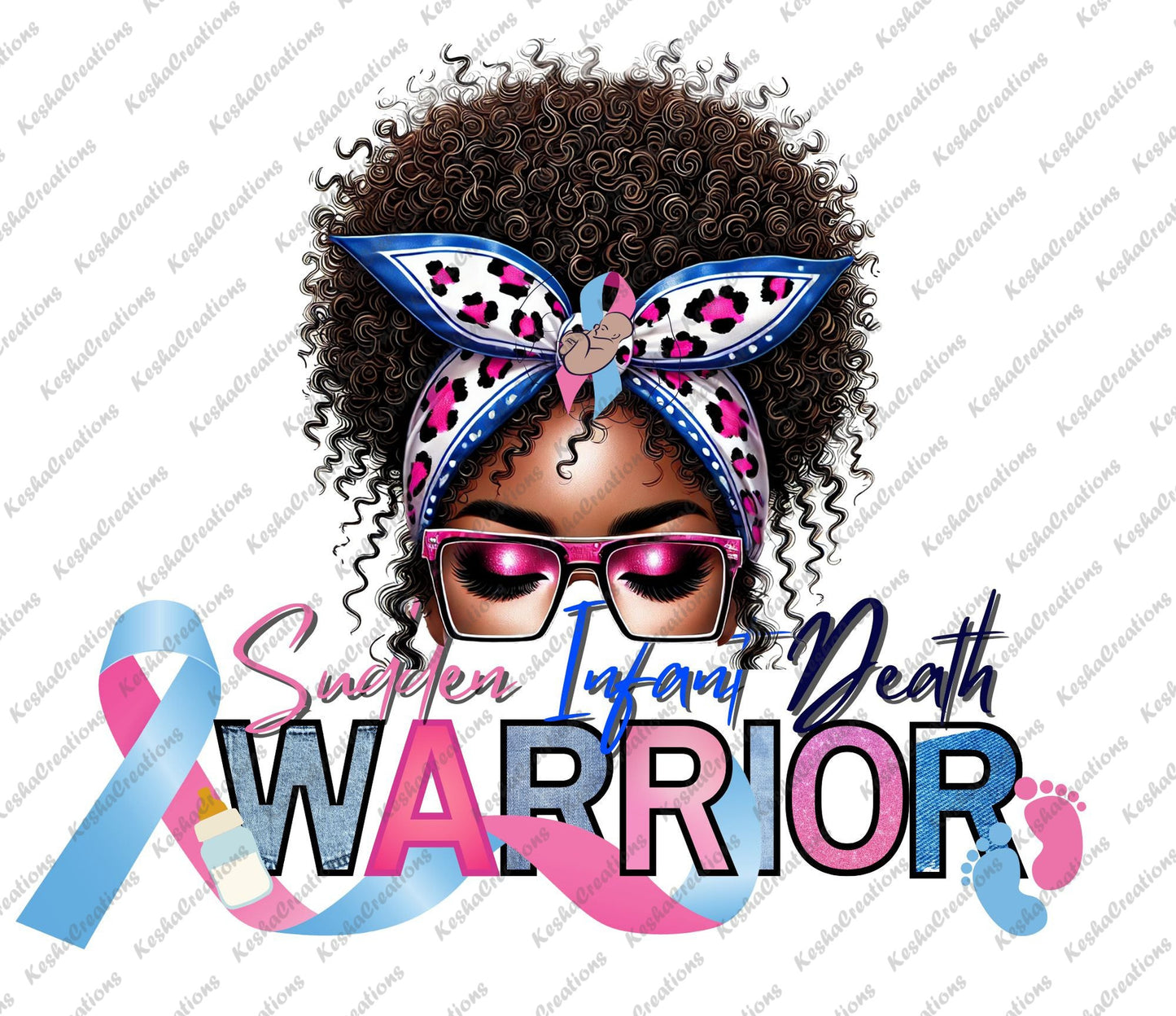 Illustration of an African American woman with pink glasses and a blue and pink leopard-print headband. The design includes the text "Sudden Infant Death Warrior" with a pink and blue awareness ribbon, baby footprints, and a baby bottle.