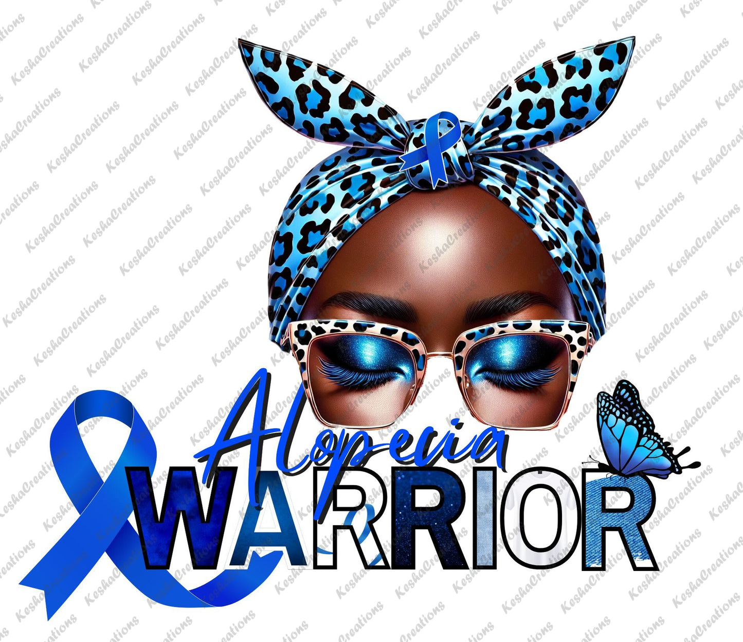 Illustration of an African American woman with blue eyeshadow, leopard-print glasses, and a blue leopard-print headband featuring a blue awareness ribbon. The text "Alopecia Warrior" is accompanied by a butterfly, representing resilience.