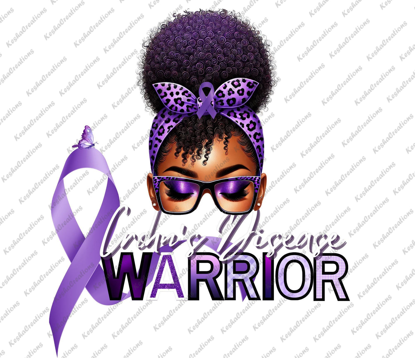 Illustration of an African American woman with purple glasses and a purple leopard-print headband featuring a purple awareness ribbon. The text "Crohn's Disease Warrior" is displayed alongside a butterfly and a ribbon.