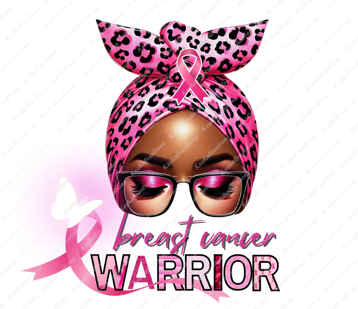 Illustration of a woman with dark skin, wearing a pink leopard-print headwrap and glasses. The headwrap displays a pink breast cancer ribbon. The design includes glowing pink elements, with a butterfly and text reading "Breast Cancer Warrior" in a bold pink font.