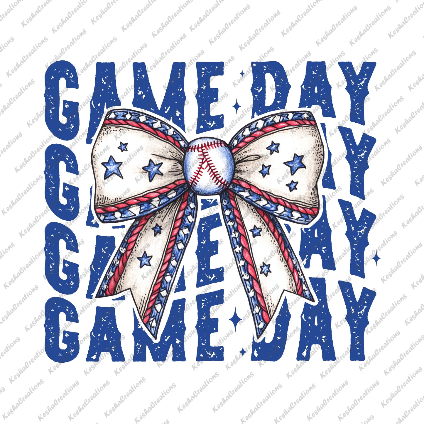 A vibrant DTF transfer featuring the words "Game Day" in bold blue text, with a patriotic baseball-themed bow adorned with stars and red, white, and blue accents, adding a spirited touch to game day attire.