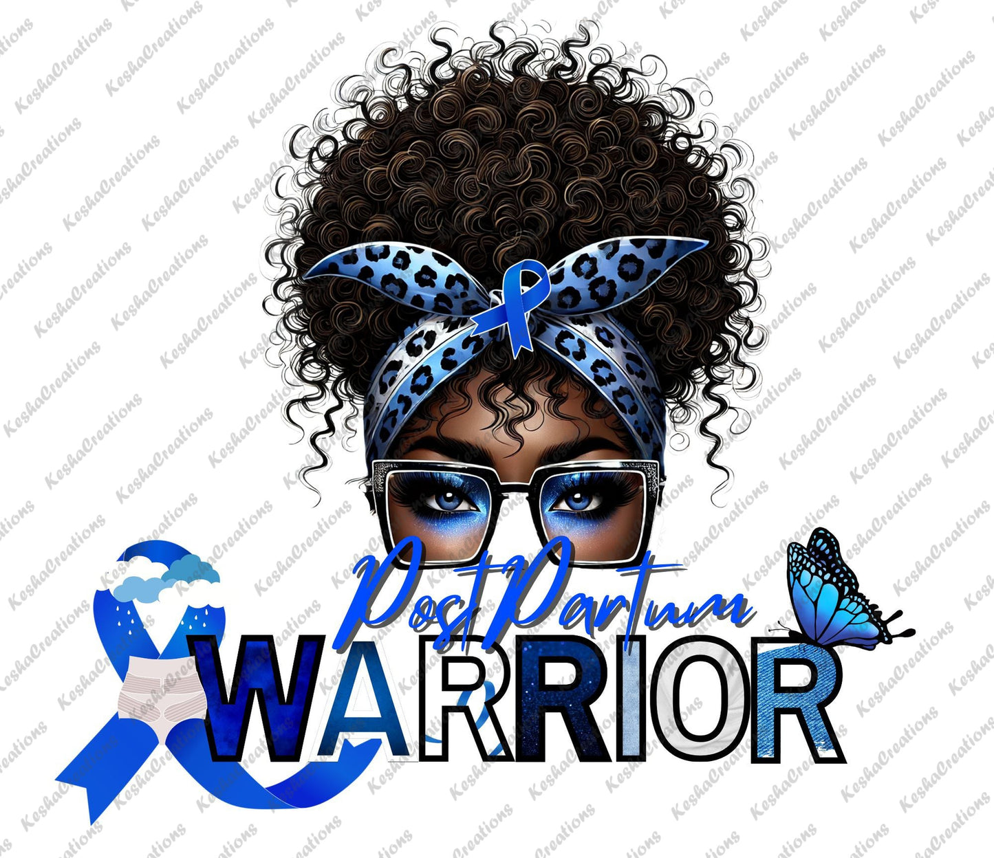Illustration of an African American woman with blue eyeshadow, wearing glasses and a blue leopard-print headband with a blue awareness ribbon. The design includes the text "Postpartum Warrior" alongside a butterfly, blue ribbon, and postpartum symbols.