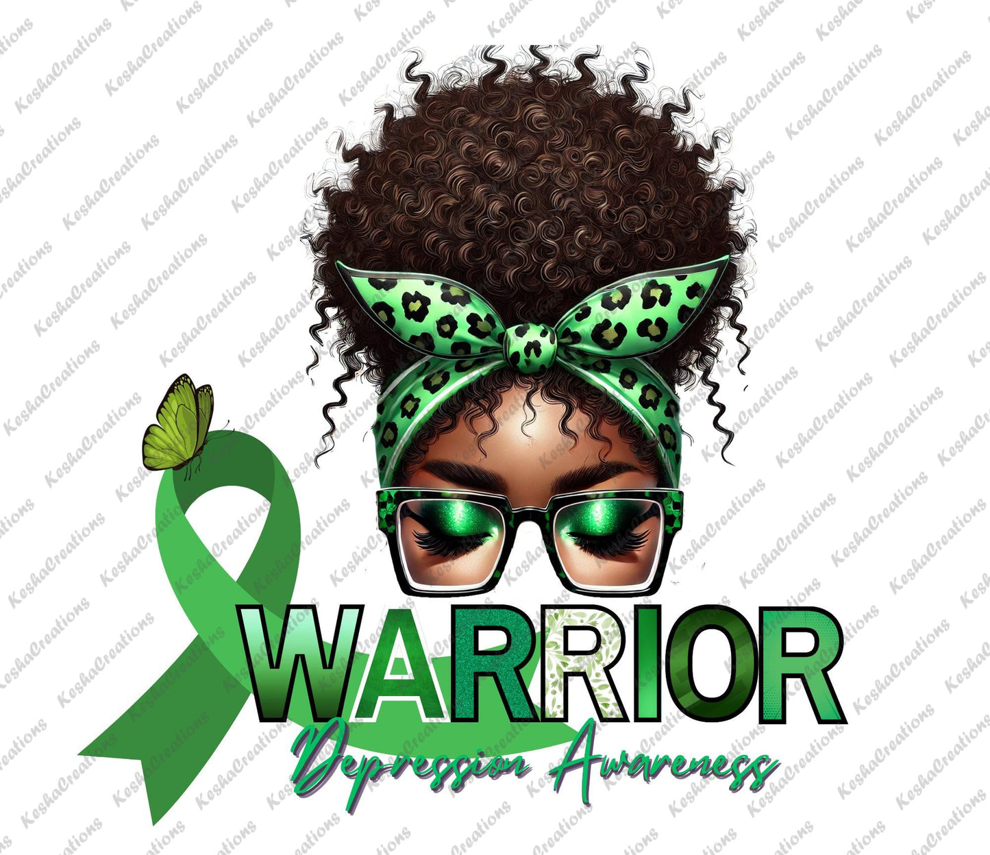 Illustration of an African American woman with green glasses and a green leopard-print headband featuring a green awareness ribbon. The design reads "Depression Awareness Warrior," with a butterfly and green ribbon symbolizing mental health awareness.