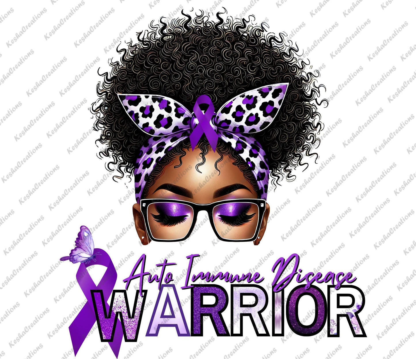 Illustration of an African American woman with purple eyeshadow, wearing glasses and a purple leopard-print headband with a purple awareness ribbon. The text "Autoimmune Disease Warrior" is featured, accompanied by a purple butterfly and ribbon.