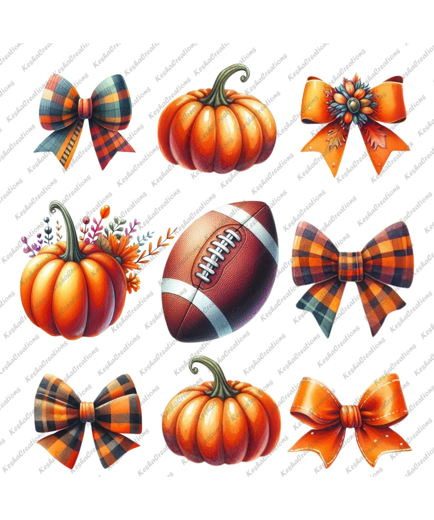 Fall-inspired DTF transfers featuring pumpkins, footballs, and plaid-patterned bows, alongside other fall elements such as flowers and classic orange bows, creating a festive autumn look.