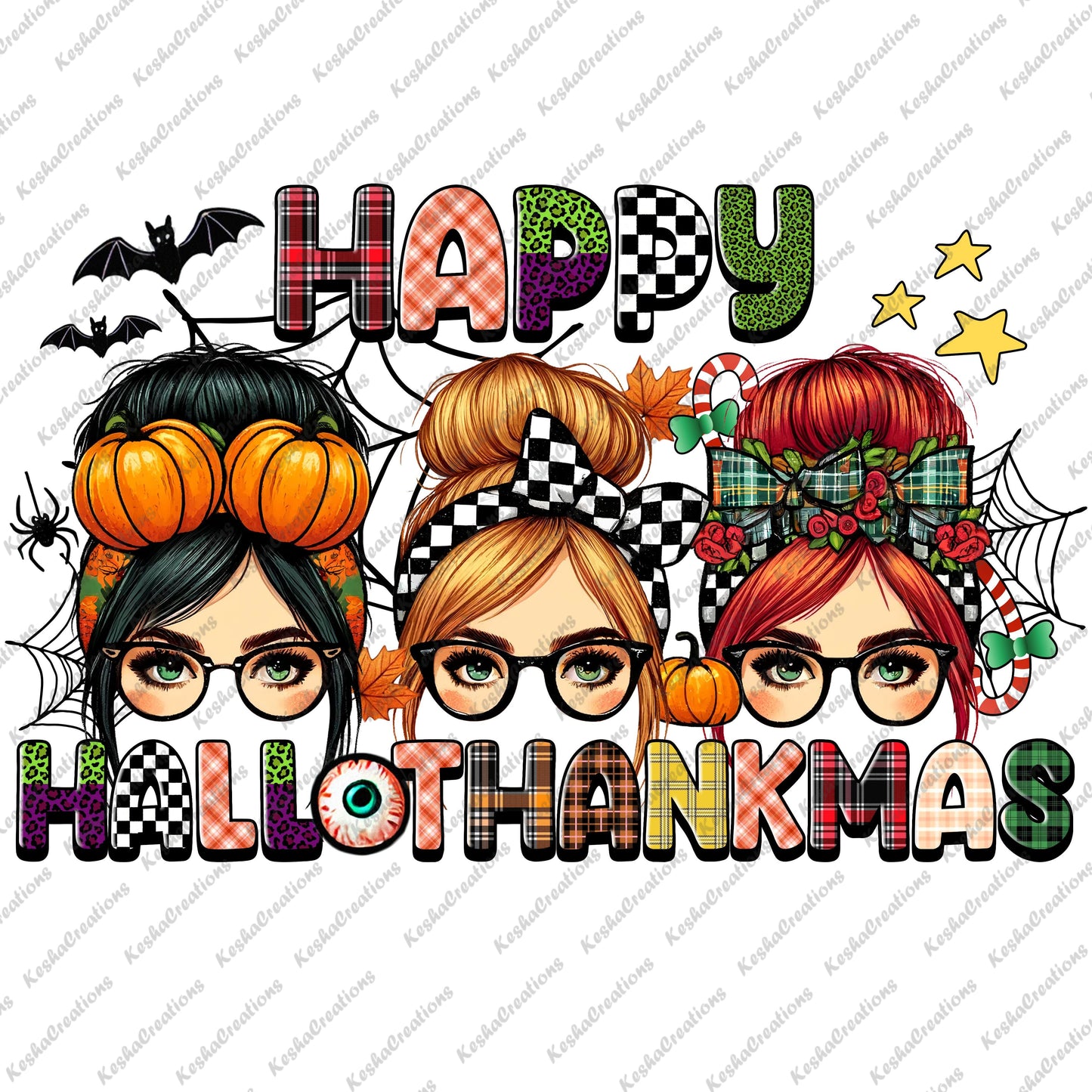 Three women with festive pumpkin hair accessories, styled for Halloween, Thanksgiving, and Christmas, featuring a mix of plaid, leopard, and holiday patterns with bats and stars.