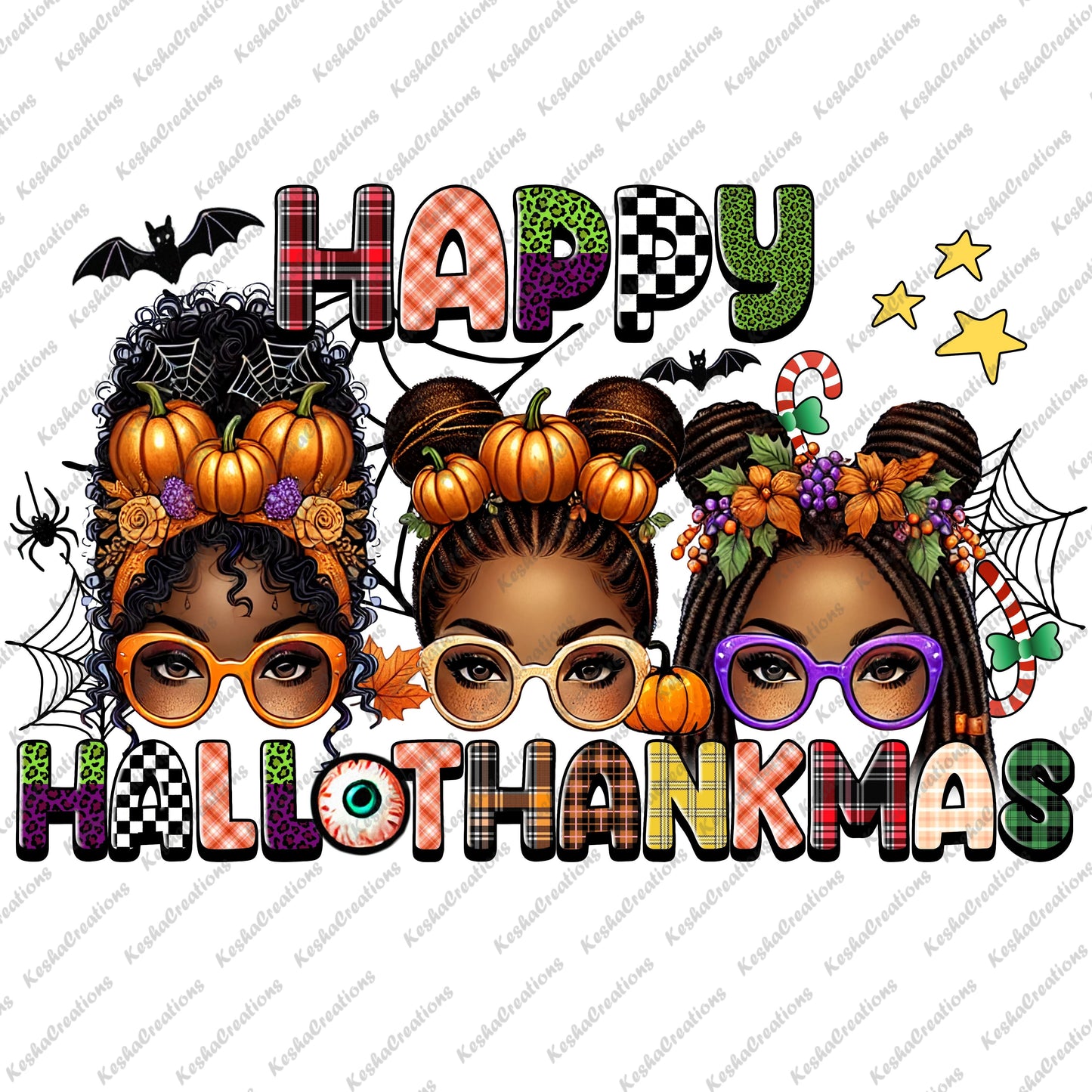 Three women with pumpkin and fall-themed hair accessories, celebrating Halloween, Thanksgiving, and Christmas in a vibrant mix of plaid and holiday elements, including bats, candy canes, and stars.