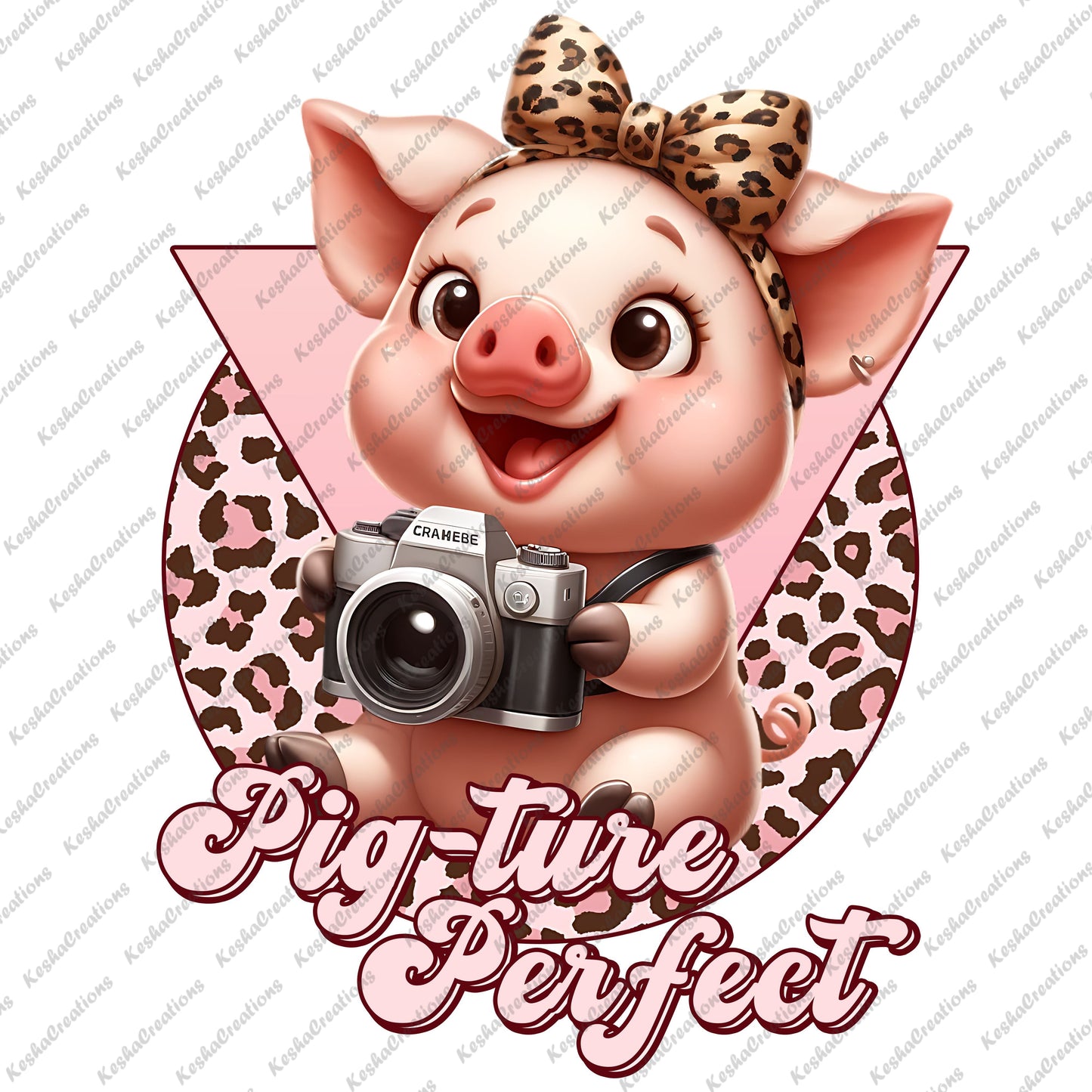 A cheerful pig wearing a cheetah print bow holds a camera, ready to capture the moment, with the quote "Pig-Ture-Perfect" displayed prominently.