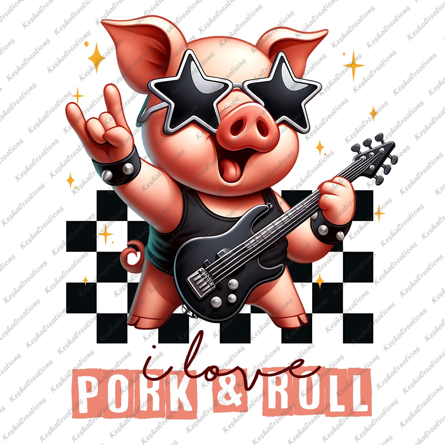 A cartoon pig dressed in a rock and roll outfit, complete with sunglasses and a leather jacket, holding a guitar while striking a playful pose. The text reads "I Love Pork and Roll."