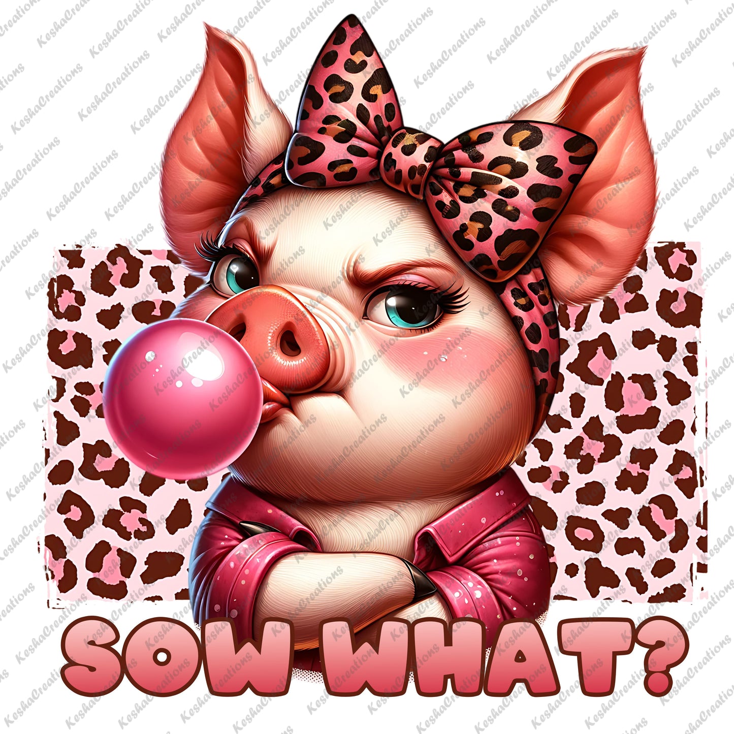 A playful pink pig with an attitude blowing a bubble gum bubble, adorned with a pink and brown cheetah print bow. The pig is set against a vibrant pink cheetah background, exuding a fun and sassy vibe with the quote "Sow-What."