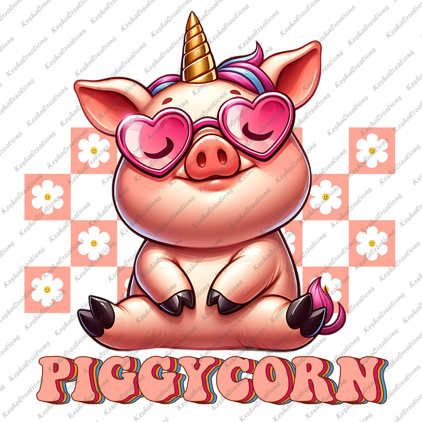 Adorable pig wearing heart-shaped glasses, styled like a unicorn, embodying a funny "Piggycorn" look.