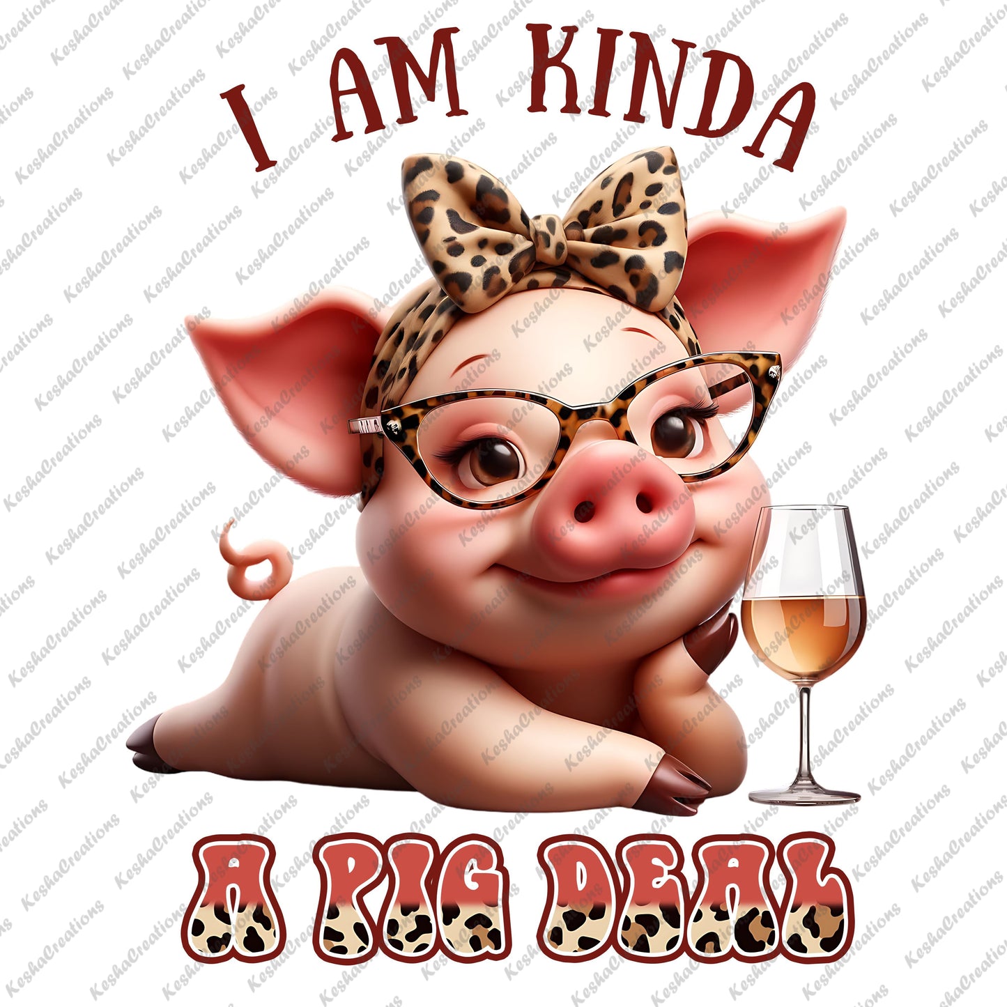 Sassy cute pig laying on tummy with a bow, in front of a wine glass, with the quote "I'm Kinda a Pig Deal."