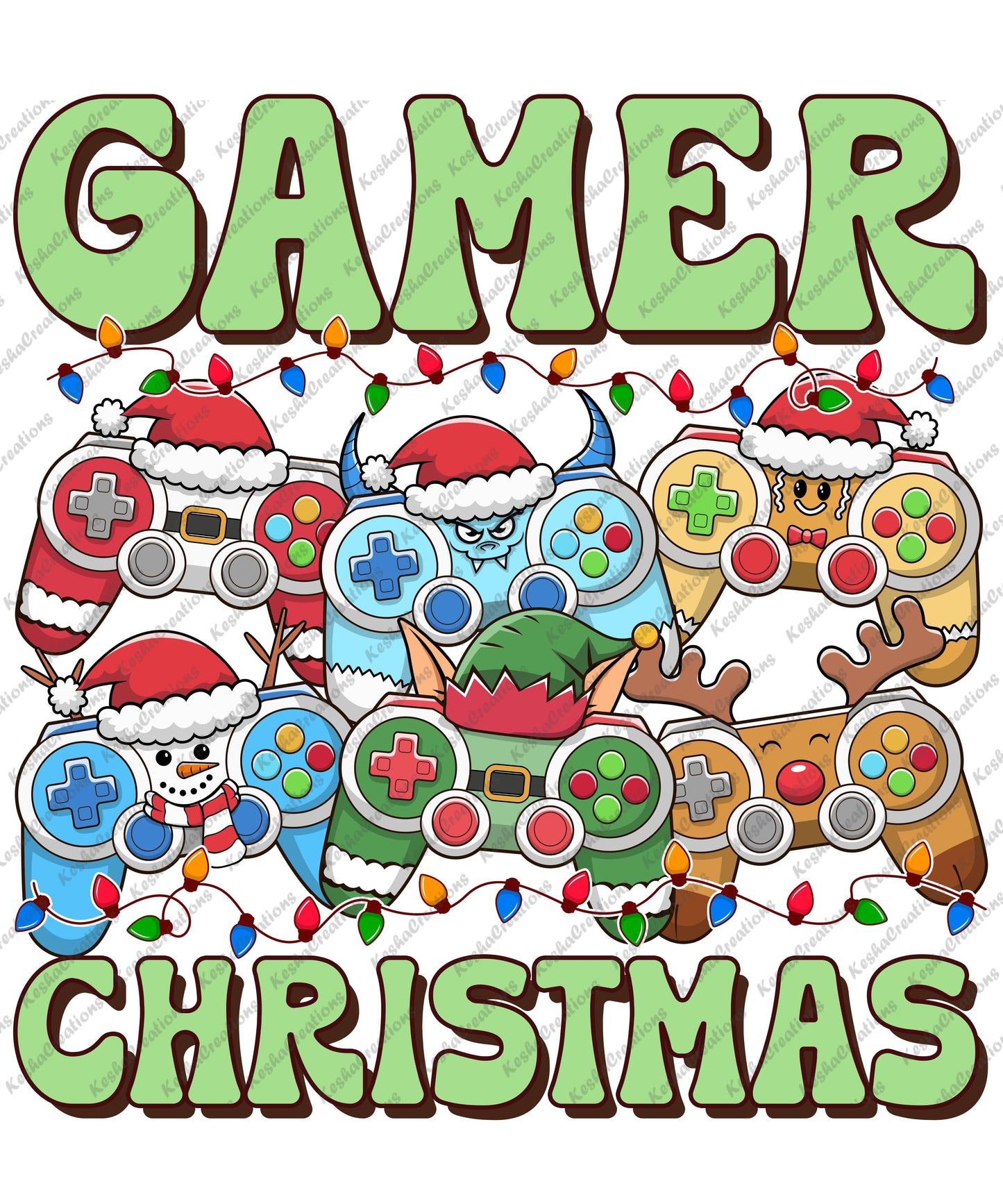 Colorful Christmas gamer design with various controllers decorated as holiday characters and the words 'Gamer Christmas'