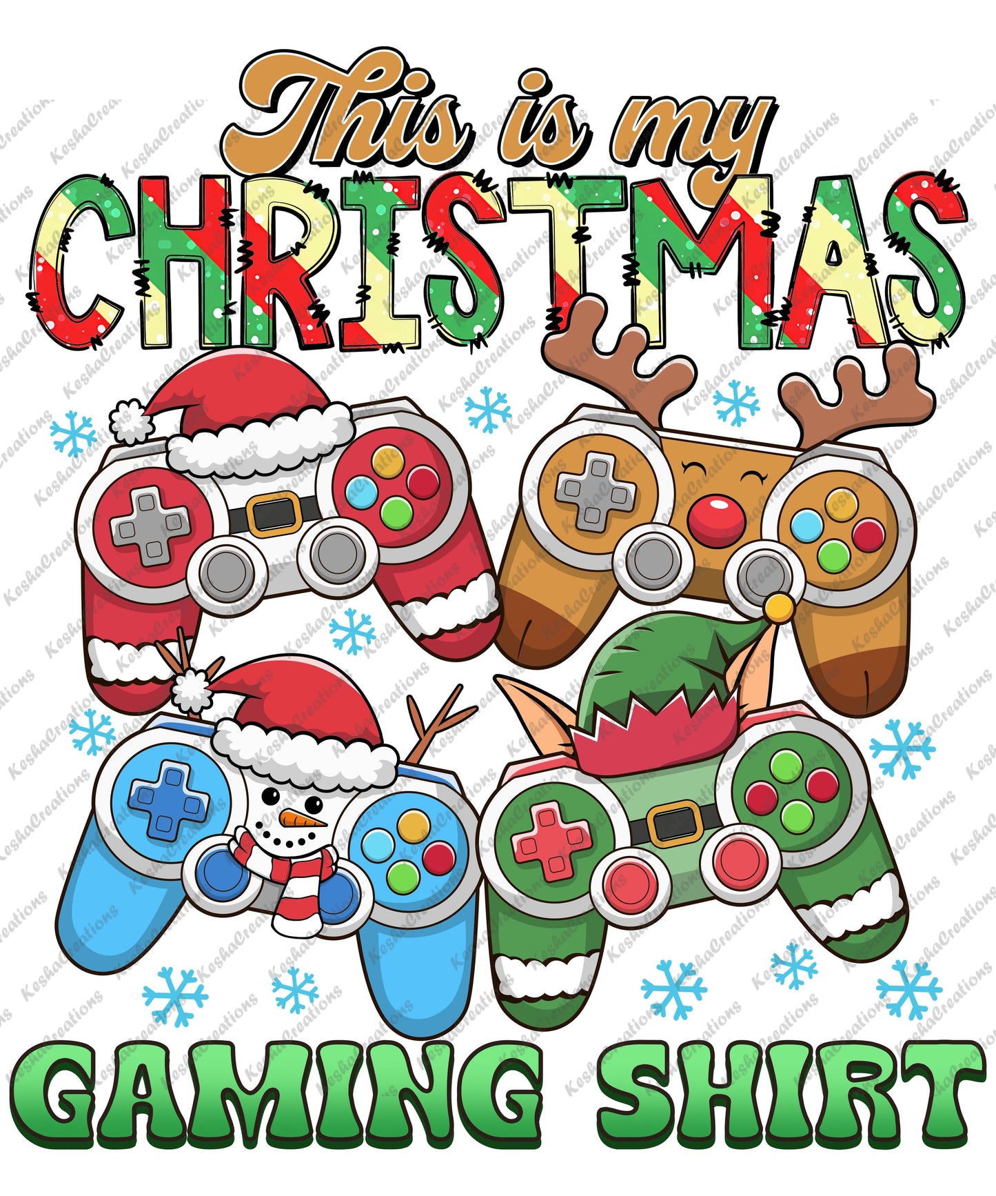 Christmas-themed gaming shirt design featuring festive controllers decorated as Santa, reindeer, snowman, and elf with text 'This is my Christmas Gaming Shirt'