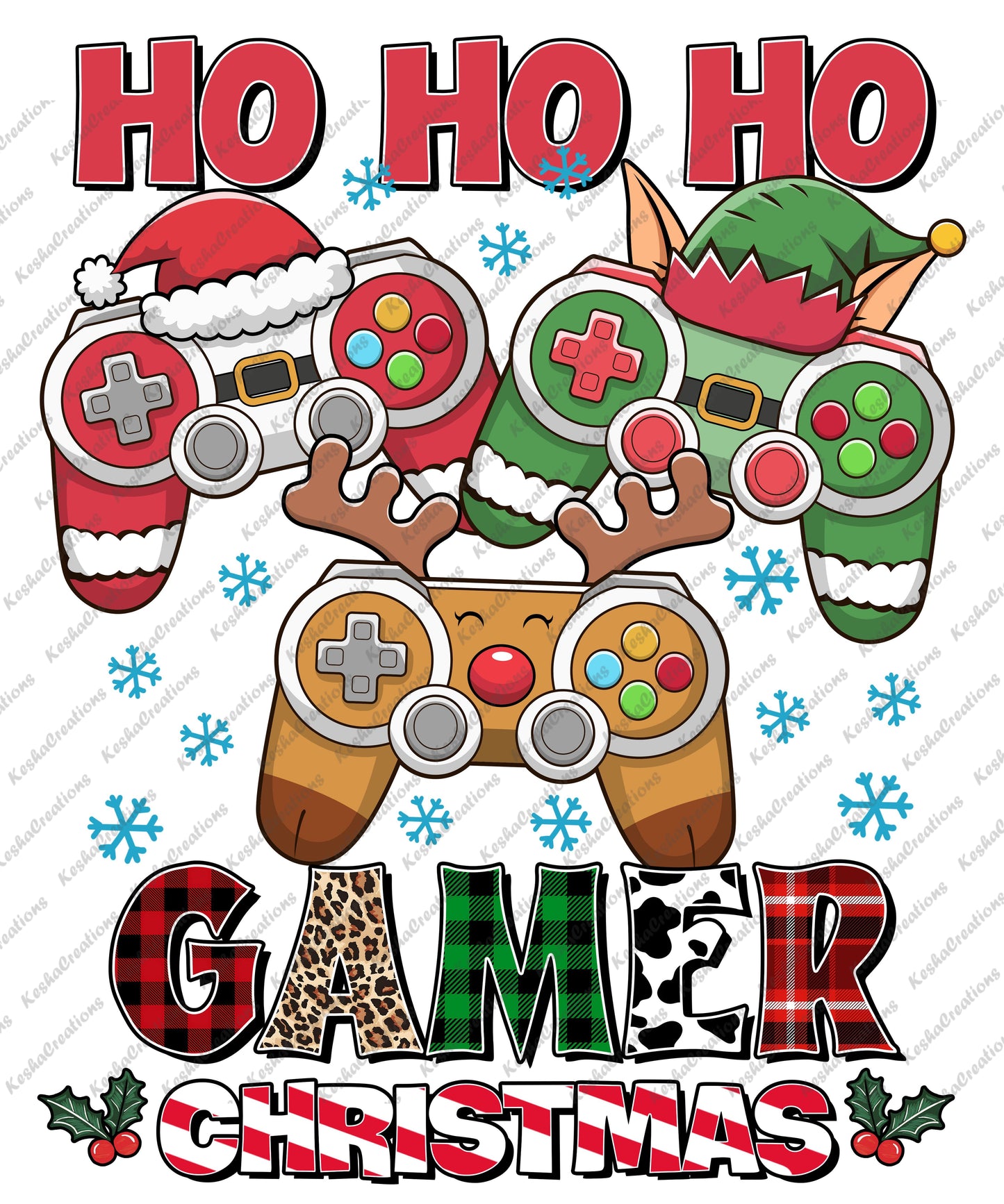 Holiday gaming design with controllers styled as Santa, elf, and reindeer, featuring the phrase 'Ho Ho Ho Gamer Christmas'