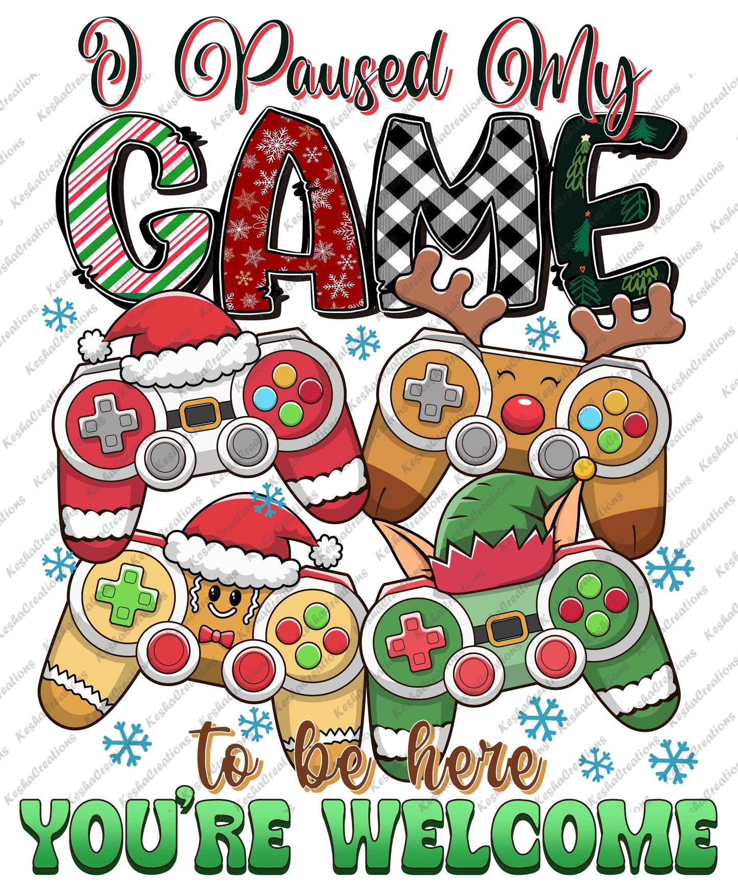 Festive gamer shirt design with holiday-themed controllers and text 'I Paused My Game to Be Here, You're Welcome'