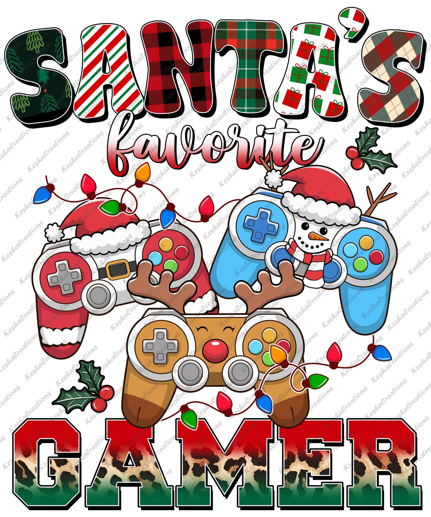 Gaming Christmas design with controllers dressed as Santa, reindeer, and snowman, alongside text 'Santa's Favorite Gamer'