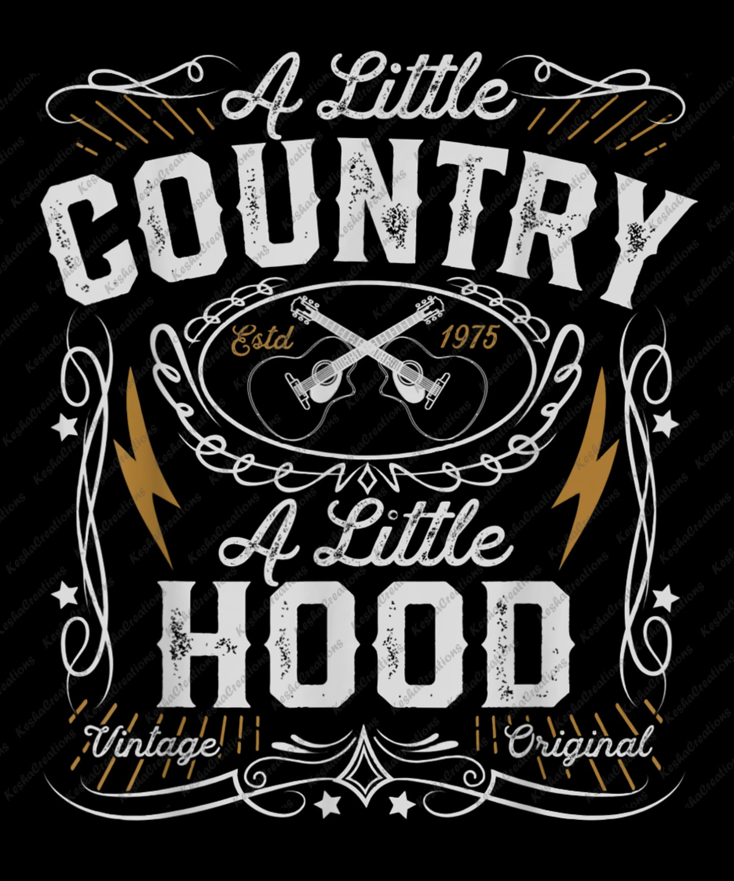 A rustic design featuring guitars and the text “A Little Country, A Little Hood” with vintage and hip-hop inspired details.