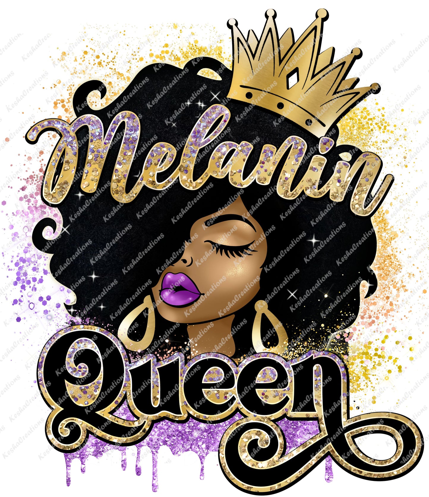 DTF transfer design featuring 'Melanin Queen' with an Afro hairstyle, golden crown, and purple glitter accents