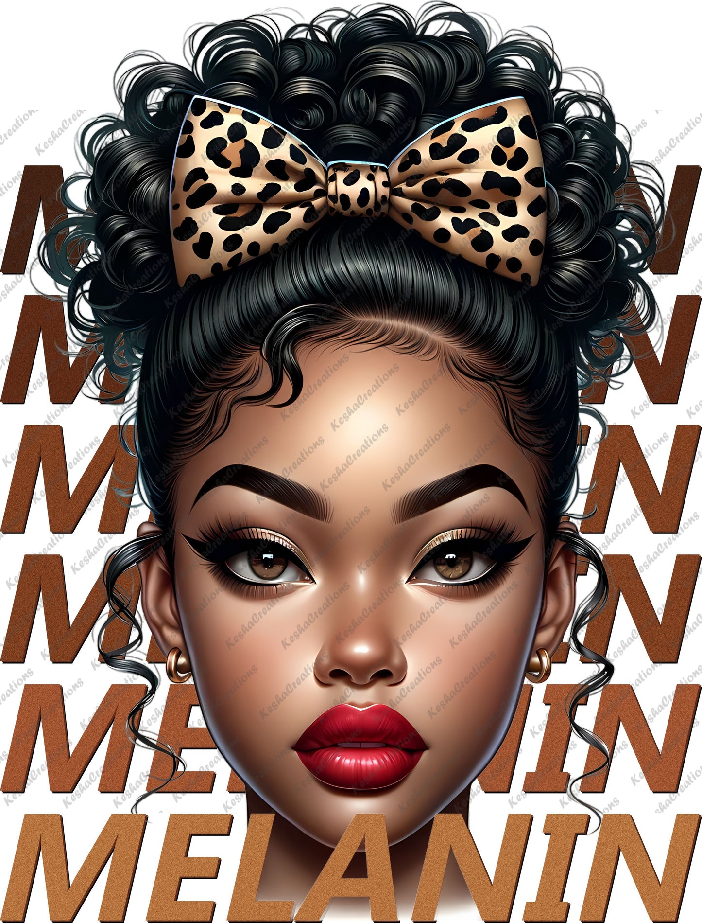 Image of a digital Afro design featuring a woman with a messy bun and a leopard print bow. The design is intended for Direct-to-Film (DTF) transfers, ideal for creating custom T-shirts and apparel.