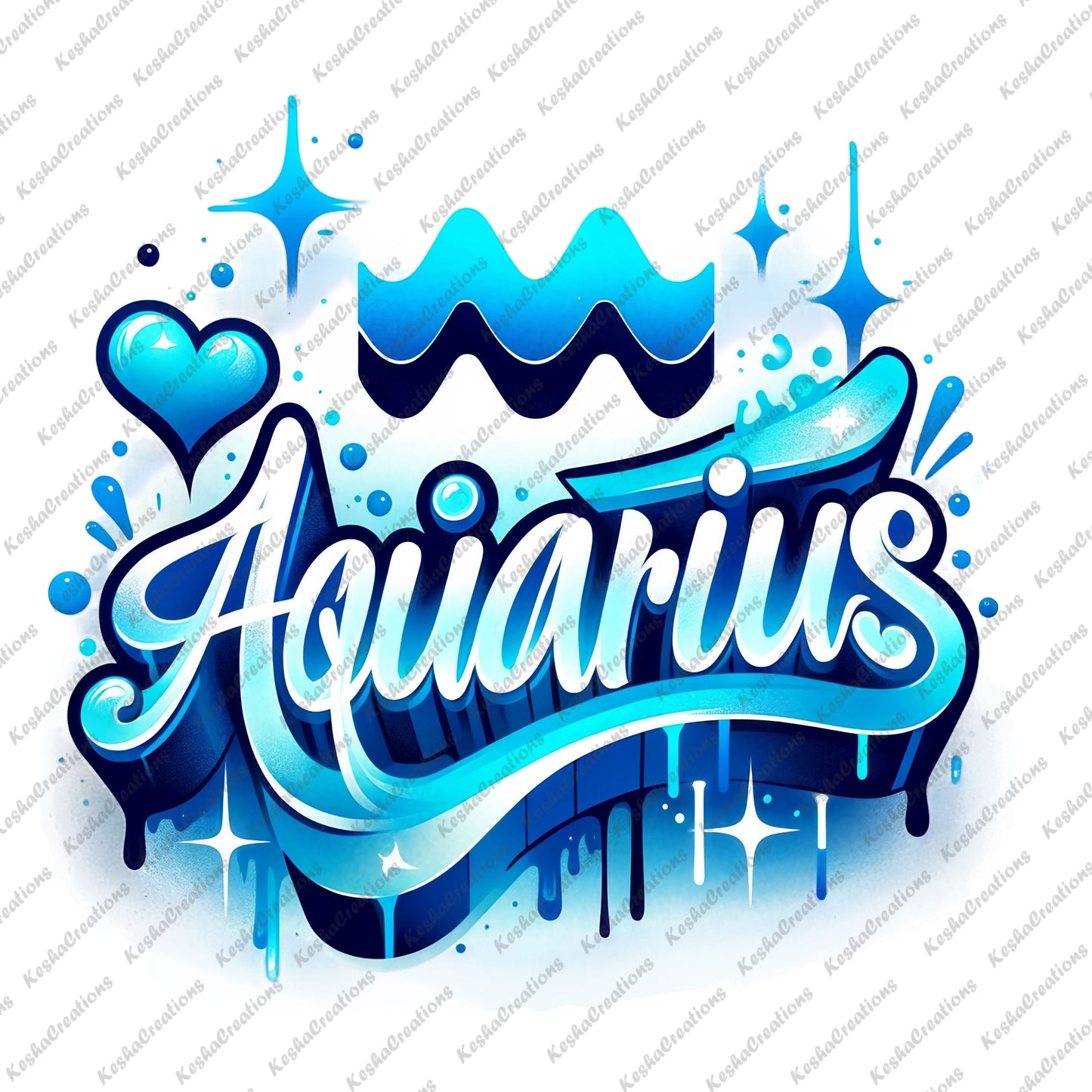 A dynamic blue Aquarius zodiac design with wave symbols, fluid typography, and decorative stars and heart elements.
