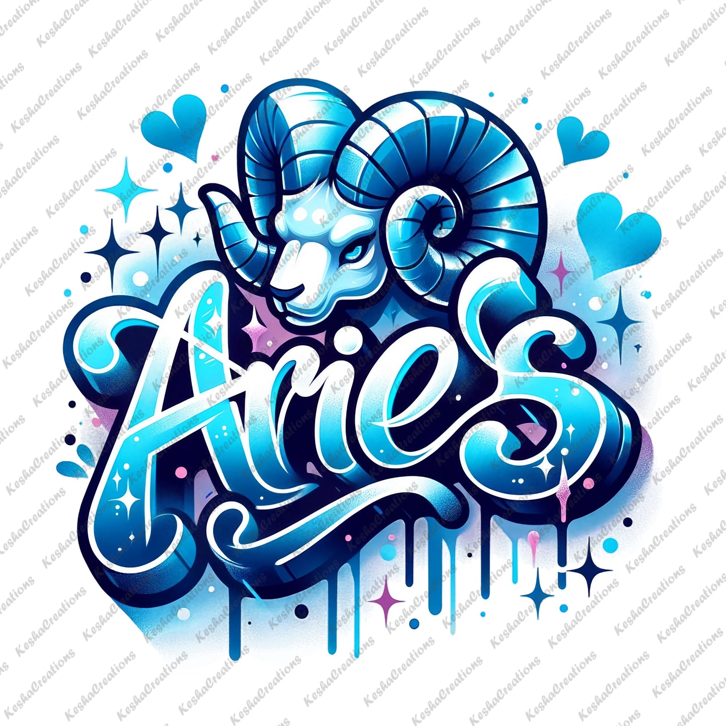 A bold blue Aries zodiac design showcasing a ram with stylized text, hearts, and sparkles for an energetic look.