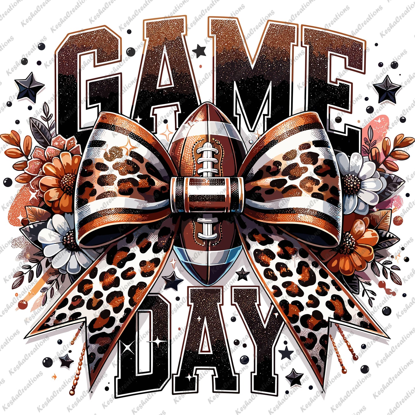 A stylish DTF transfer design showcasing "Game Day" in bold lettering, with a football-themed bow in leopard print. The bow is surrounded by flowers in warm, earthy tones, perfect for celebrating football season in style.