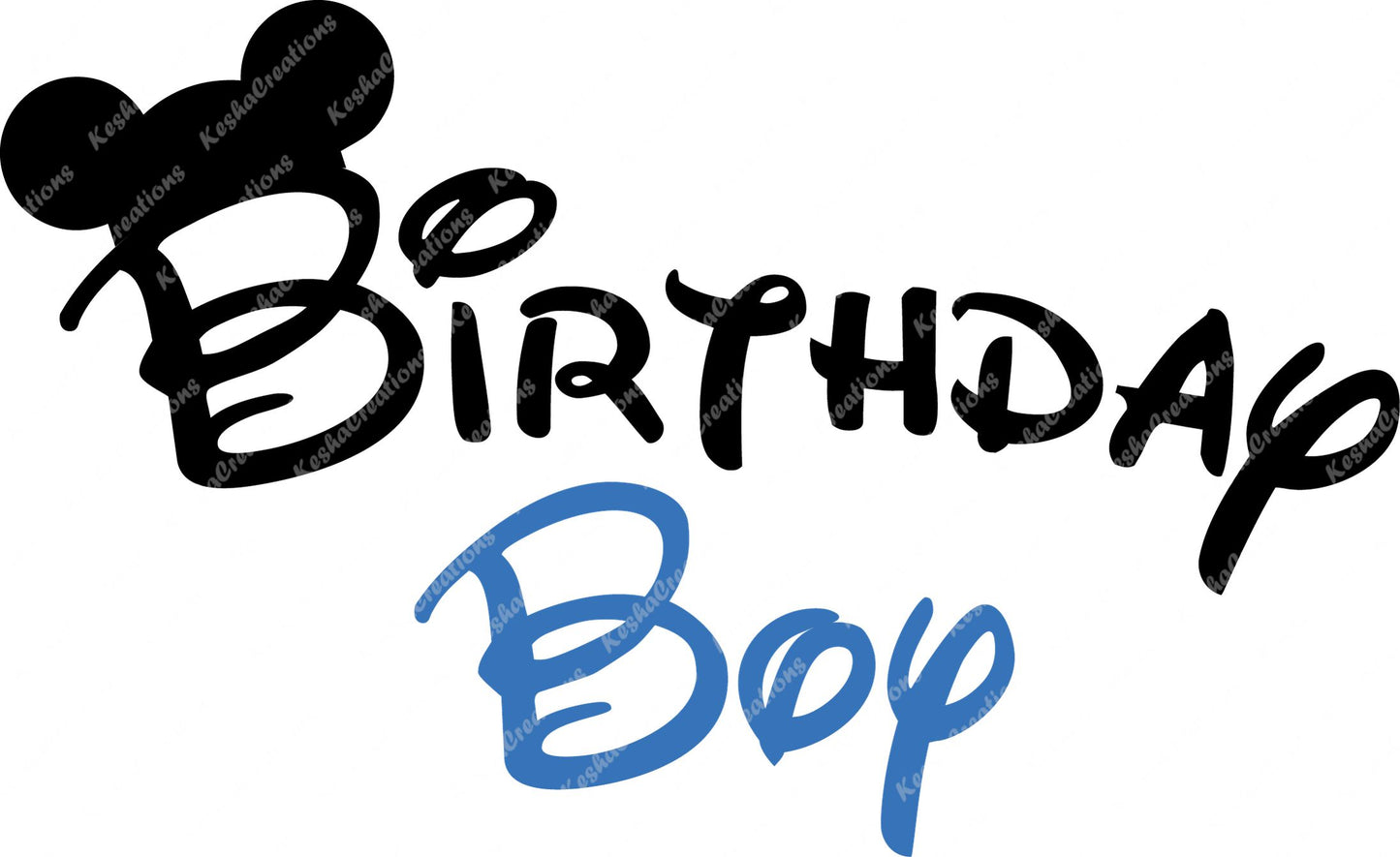 DTF transfer design featuring the phrase 'Birthday Boy' with blue text and Mickey-style ears.