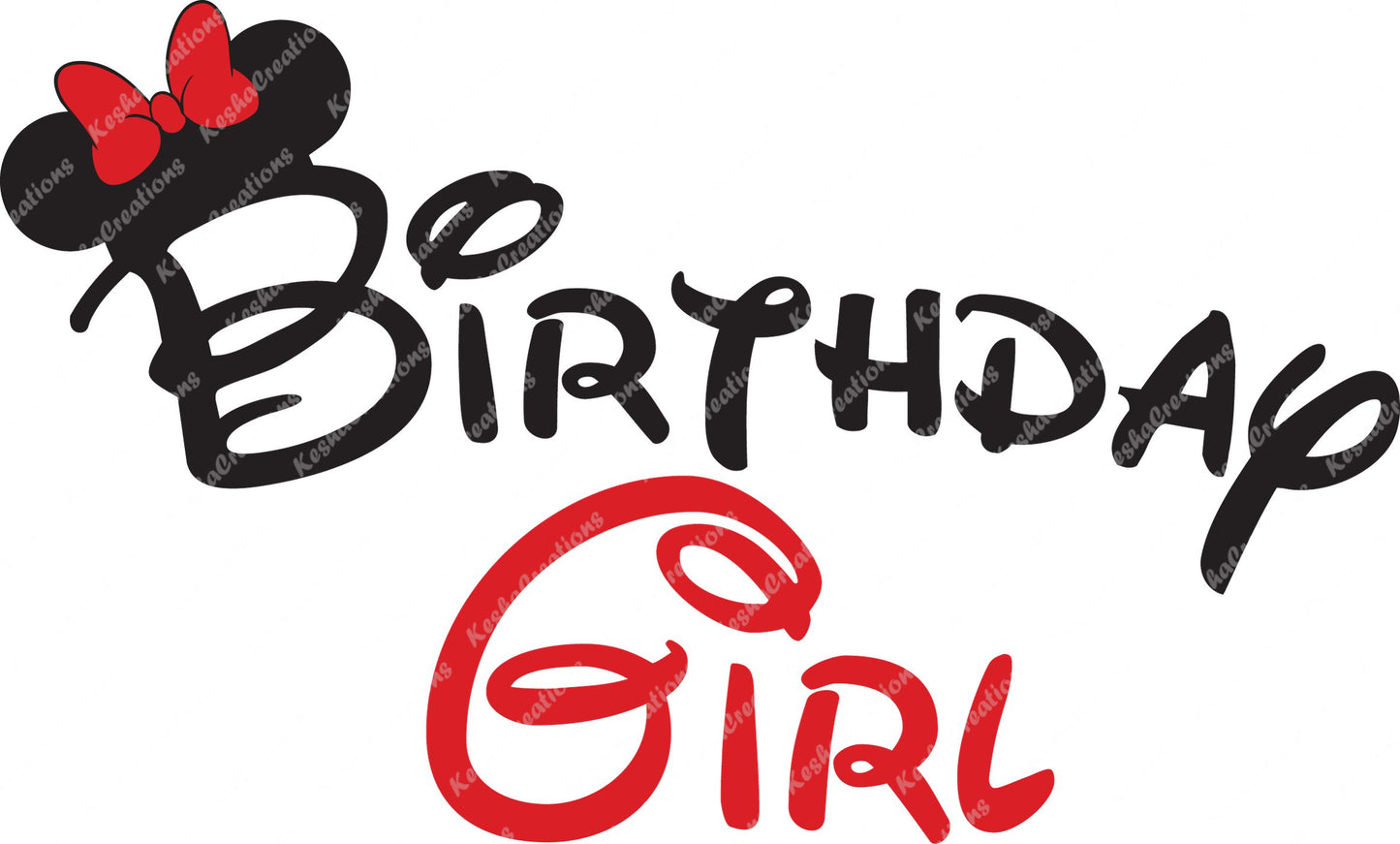 DTF transfer design featuring the phrase 'Birthday Girl' with a red bow and Mickey-style ears