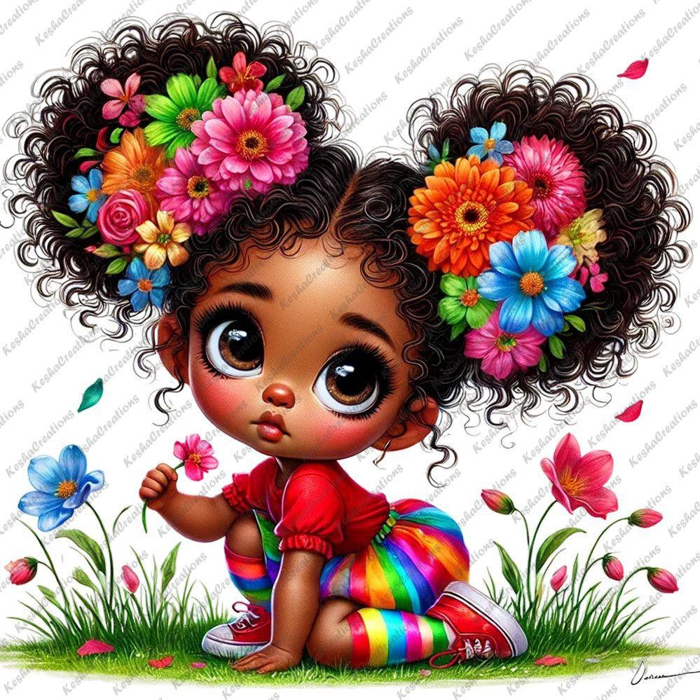 Illustration of a young Black girl with large curly pigtails adorned with bright flowers, wearing a rainbow-striped skirt and a red top, kneeling on a grassy patch with flowers, looking curious.