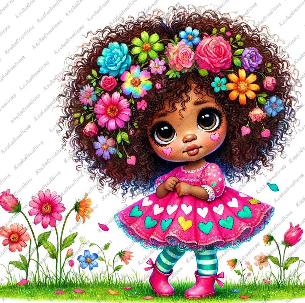 Illustration of a young Black girl with voluminous curly hair filled with multicolored flowers, wearing a pink dress with colorful heart shapes, green-striped socks, and pink boots, standing in a field of flowers with a shy expression.