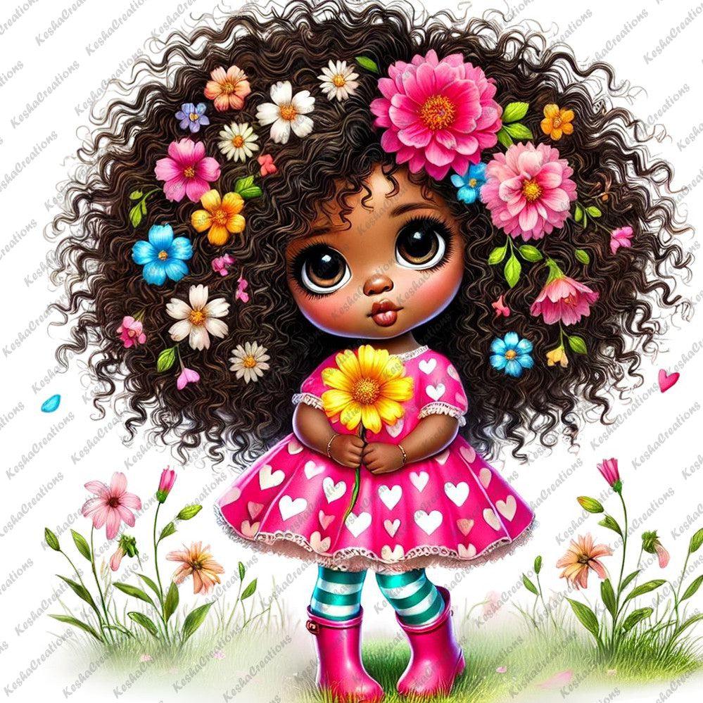 Illustration of a young Black girl with large curly hair decorated with bright flowers, wearing a pink dress with white heart patterns, green-striped socks, and pink boots, holding a yellow flower and surrounded by colorful garden blooms.