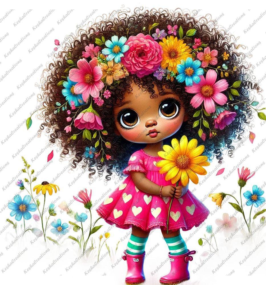 Illustration of a young Black girl with big curly pigtails filled with colorful flowers, wearing a vibrant pink dress with white hearts, striped green socks, and pink boots, standing in a field of flowers while holding a sunflower.