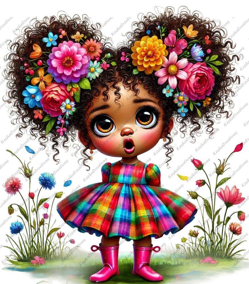 Illustration of a young Black girl with voluminous curly hair adorned with bright, multicolored flowers, wearing a rainbow plaid dress and pink boots, standing amidst blooming flowers, with a surprised facial expression.