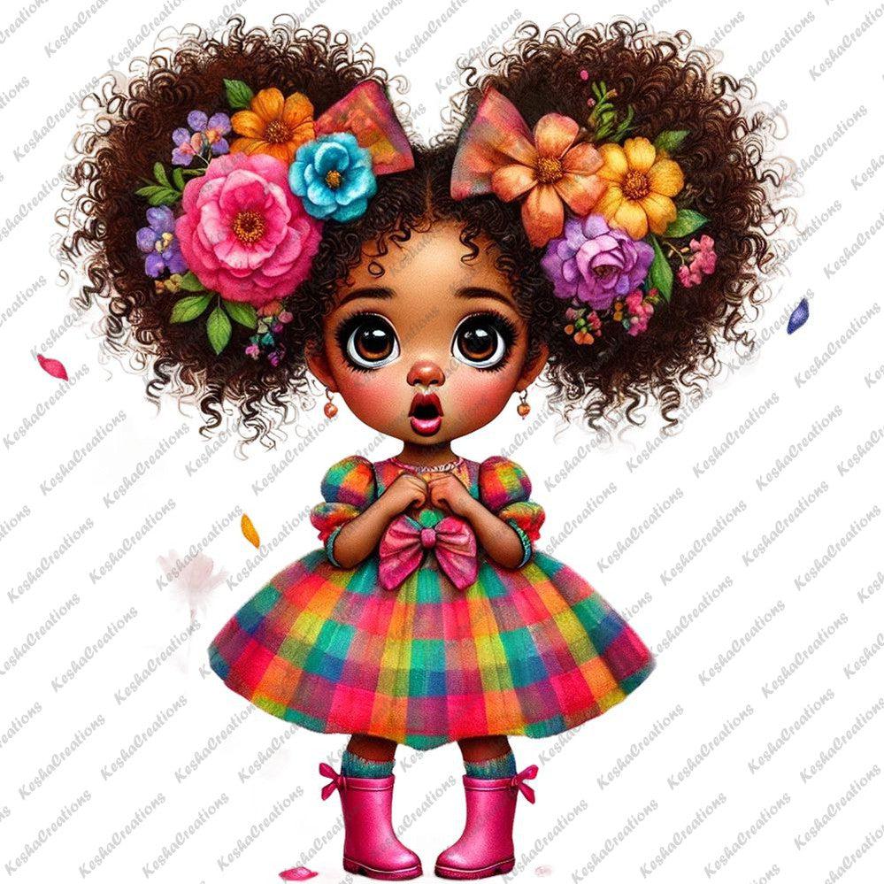 Illustration of a young Black girl with big curly pigtails filled with colorful flowers, wearing a vibrant rainbow plaid dress, pink boots, and displaying a surprised expression, surrounded by falling flower petals.